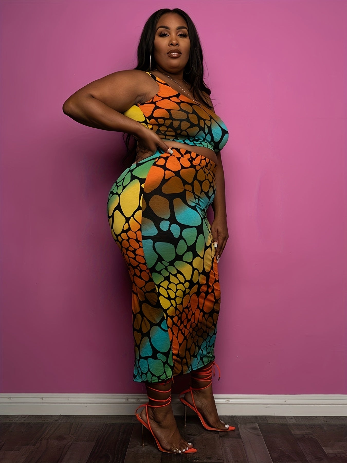 Plus Size - Plus Size Women'S Summer Casual Fashion Sexy Color Block Leopard Print Round Neck Sleeveless Crop Top + Color Block Leopard Print Sexy Bodycon Back Slit Skirt Two-Piece Set