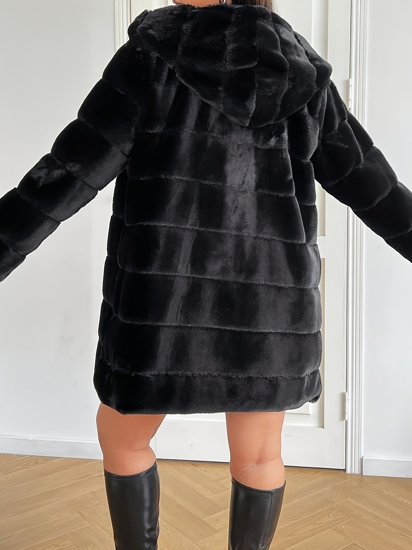 Plus Size - Plus Size - Plus Size - Women'S Plus Size Winter Black Faux Fur Hooded Jacket - Oversized Casual Coat with Zipper Closure, Long Length
