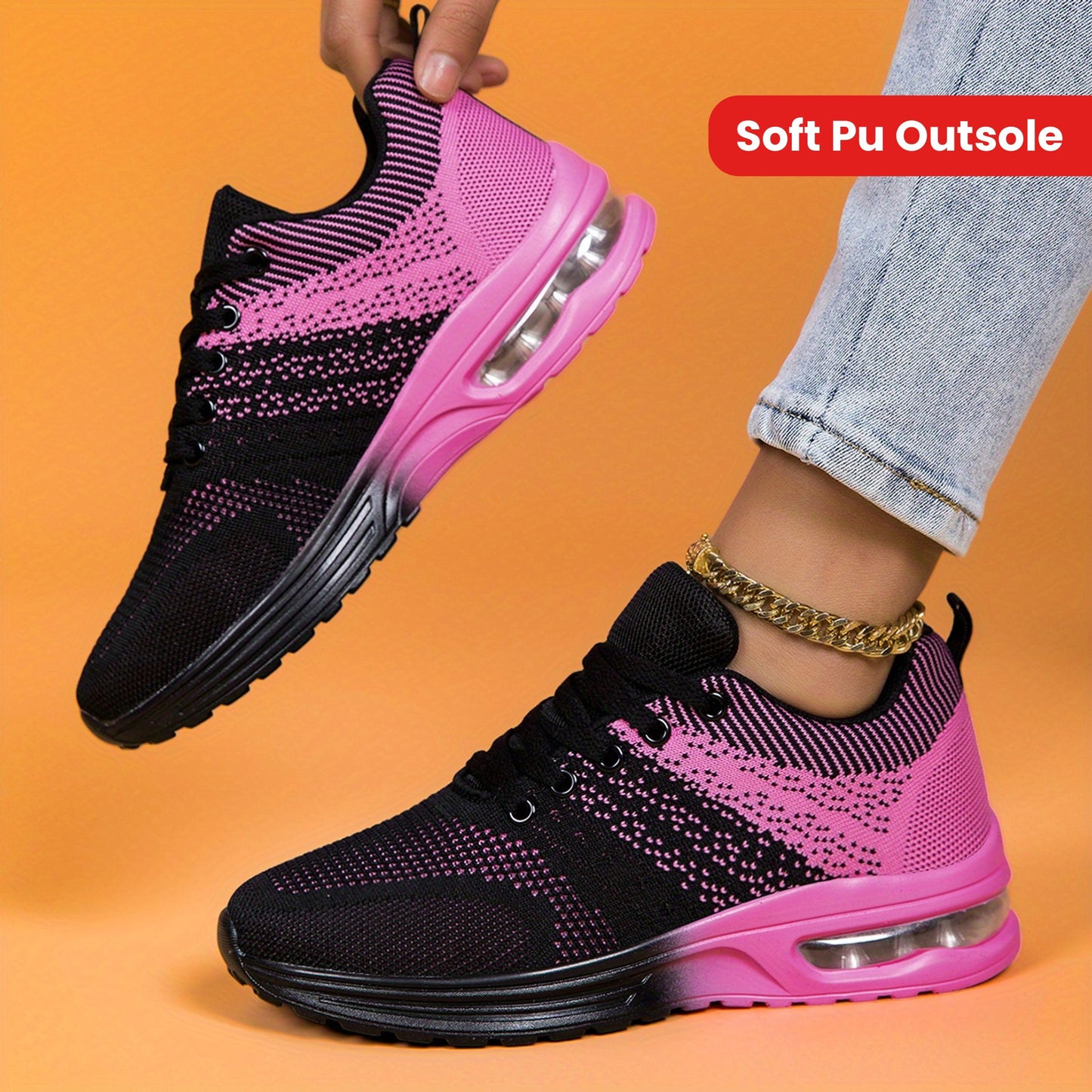 Women's Breathable Mesh Athletic Sneakers - Black & Pink Gradient Design, Air-Cushioned Comfort Sole, All-Season Stability Support, Soft PU Outsole, Fabric Lining, Round Toe Style, Allseason Sneakers | Vibrant Gradient Design