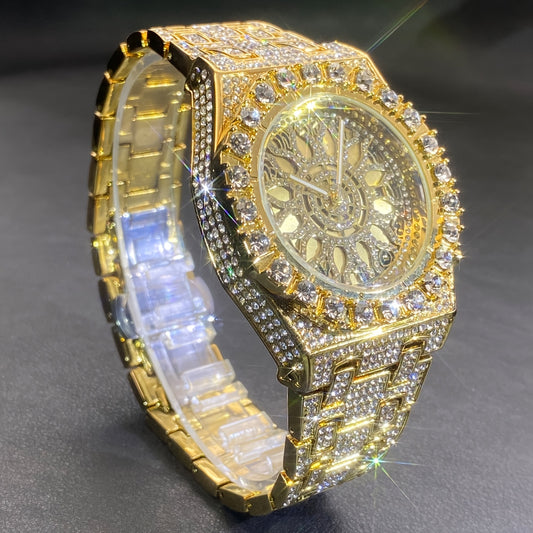 MISS FOX Men'S Luxury Golden-Tone Rhinestone-Encrusted Dual-Layer Openwork Dial Quartz Watch with Luminous Hands & Date Calendar - Party & Casual Elegant Watch for Festive Occasions, Festive Watch | Rhinestone Embellished | I