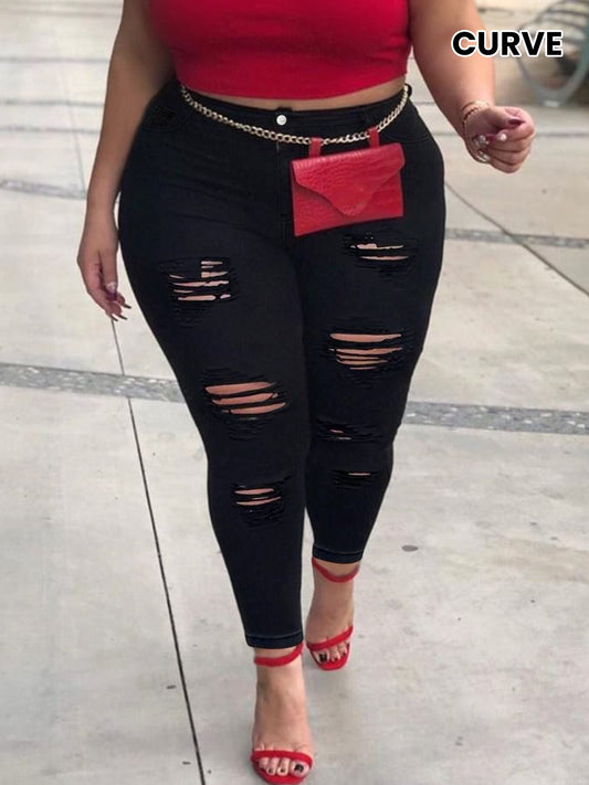 Plus Size Sexy Jeans, Women's Plus Ripped Button Fly Skinny High Stretch Slimming Jeans