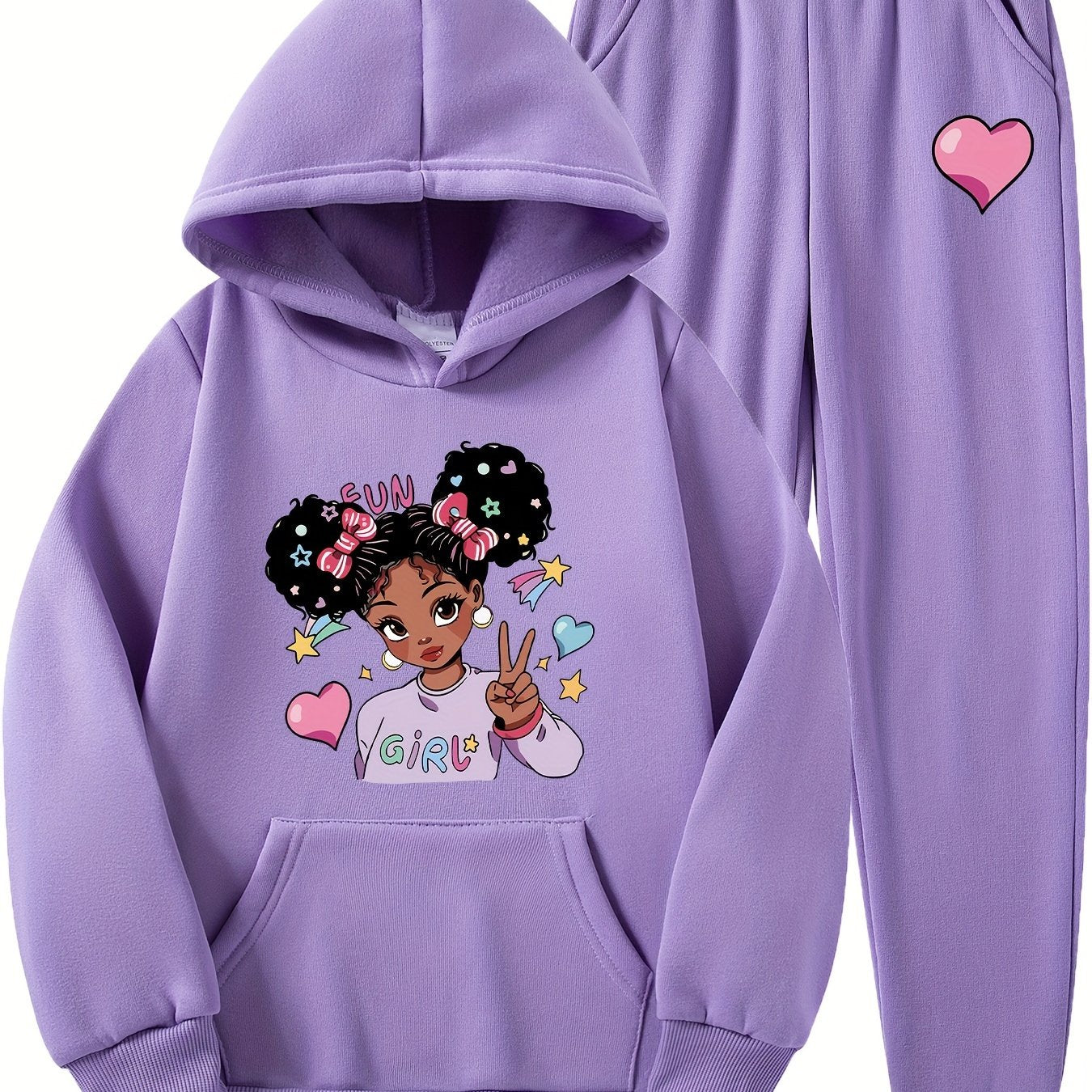 Fashion Cartoon Girl Pattern Print Autumn and Winter Girls' Long Pants Set Casual Hooded Sweatshirt + Joggers 2pcs, Perfect for Outdoor, Casual Attire, Cozy Outfit, Casual Wear, Trendy Design, Durable Material, Long Sleeve To