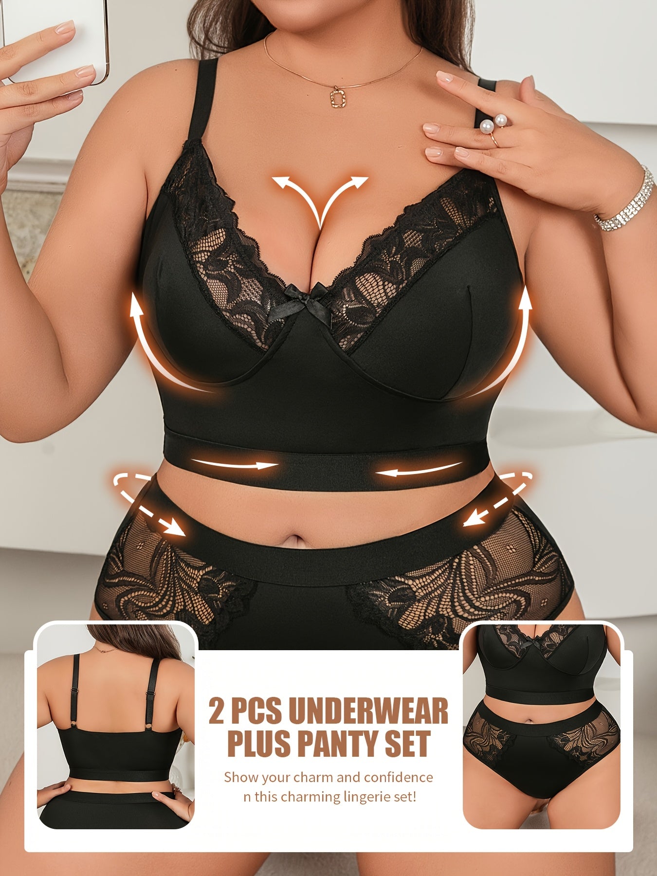 Plus Size Sexy Lace Lingerie Set Lace Lace Neckline Bowknot Backless Bra Sexy Semi-Sheer Temptation Erotic Lingerie Panties Two Sets