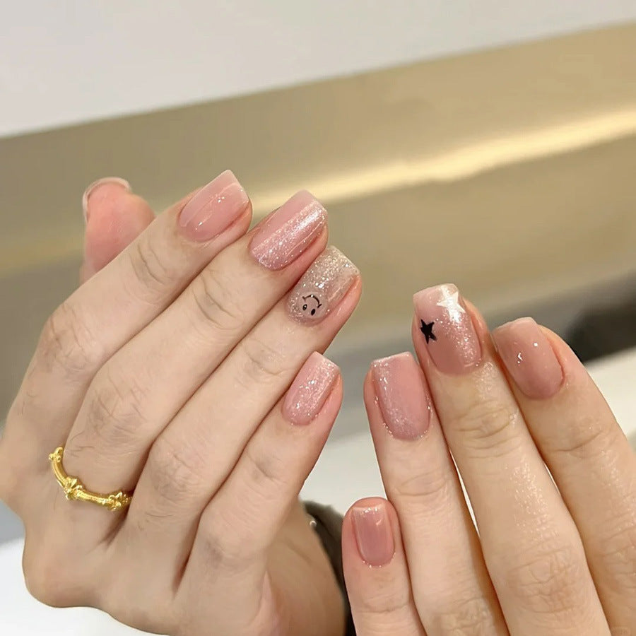 144pcs/6pcs Glitter Press On Nails - Square Medium Length False Nails with Geometric Stripes, Pale Pink & Orange Glossy Acrylic Full Cover Fake Nails with Glue for Women, Spring Summer Nail Art