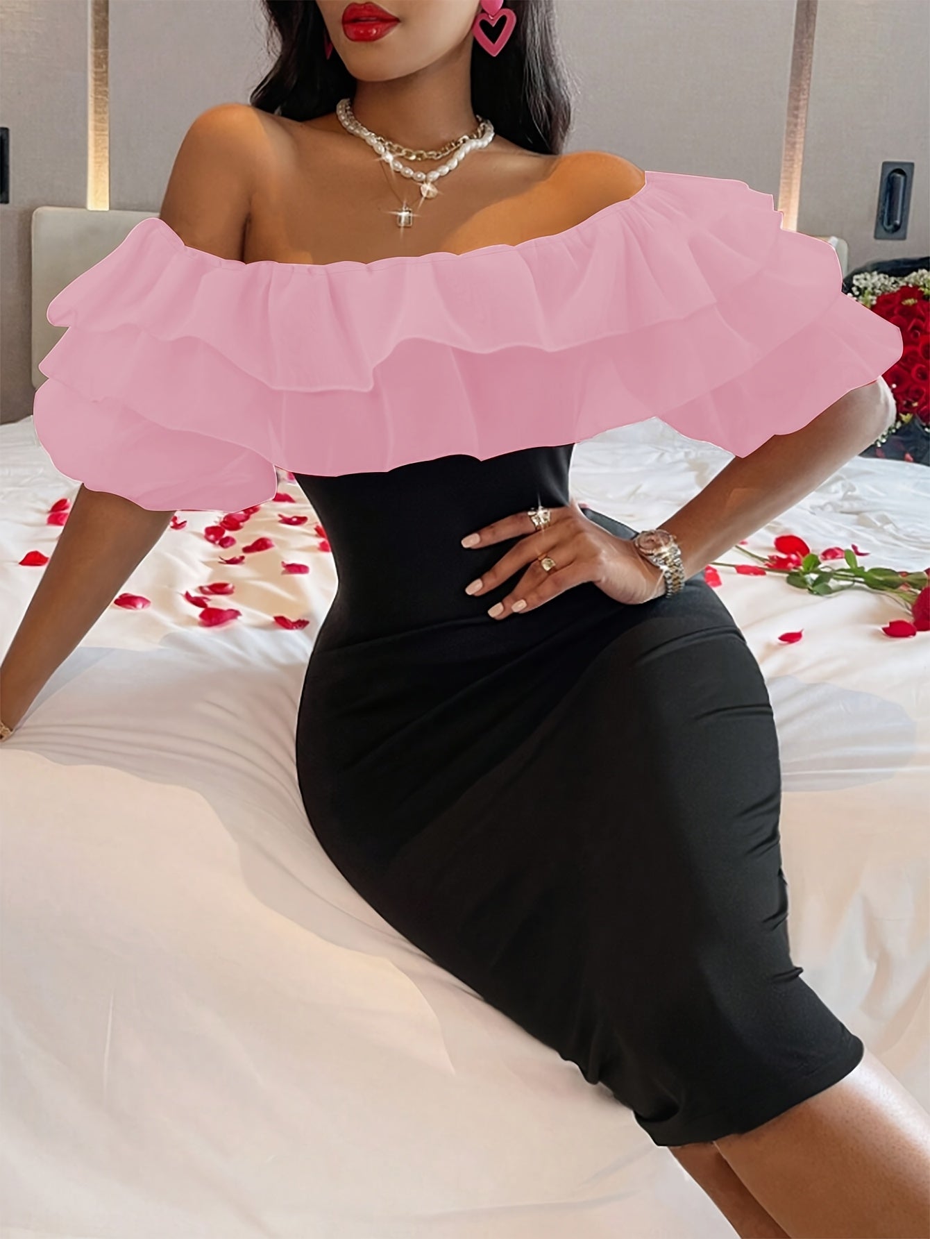 Women's Elegant Off-the-Shoulder Stretch Bodycon Dress with High Slit & Layered Ruffles - Solid Black, Machine Washable, All-Season Versatile for Casual to Formal Occasions, Evening Wear, Feminine Chic Style, Sleek Silhouette