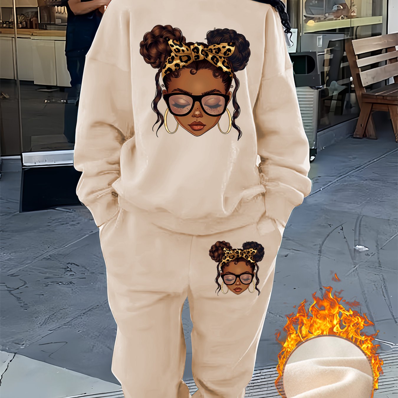 Graphic Print Two Piece Set, Crew Neck Sweatshirt & Pants, Women's Clothing