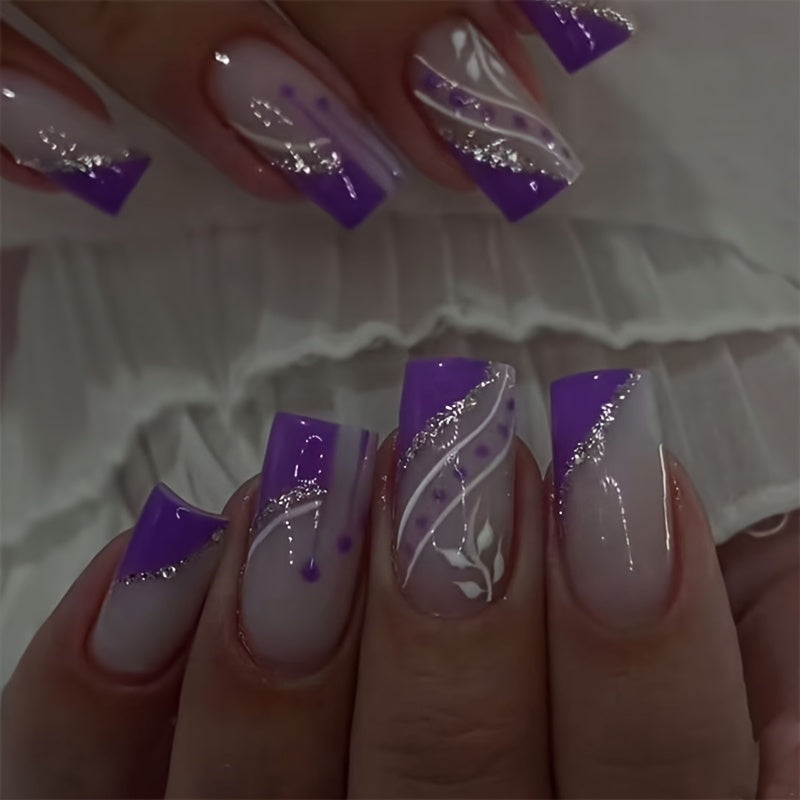 24pcs Elegant French Style Purple Tone Medium Length Square Nail Set, Glossy Finish, with Golden and Silvery Accents, Floral and Geometric Patterns, for Daily Wear and Special Occasions