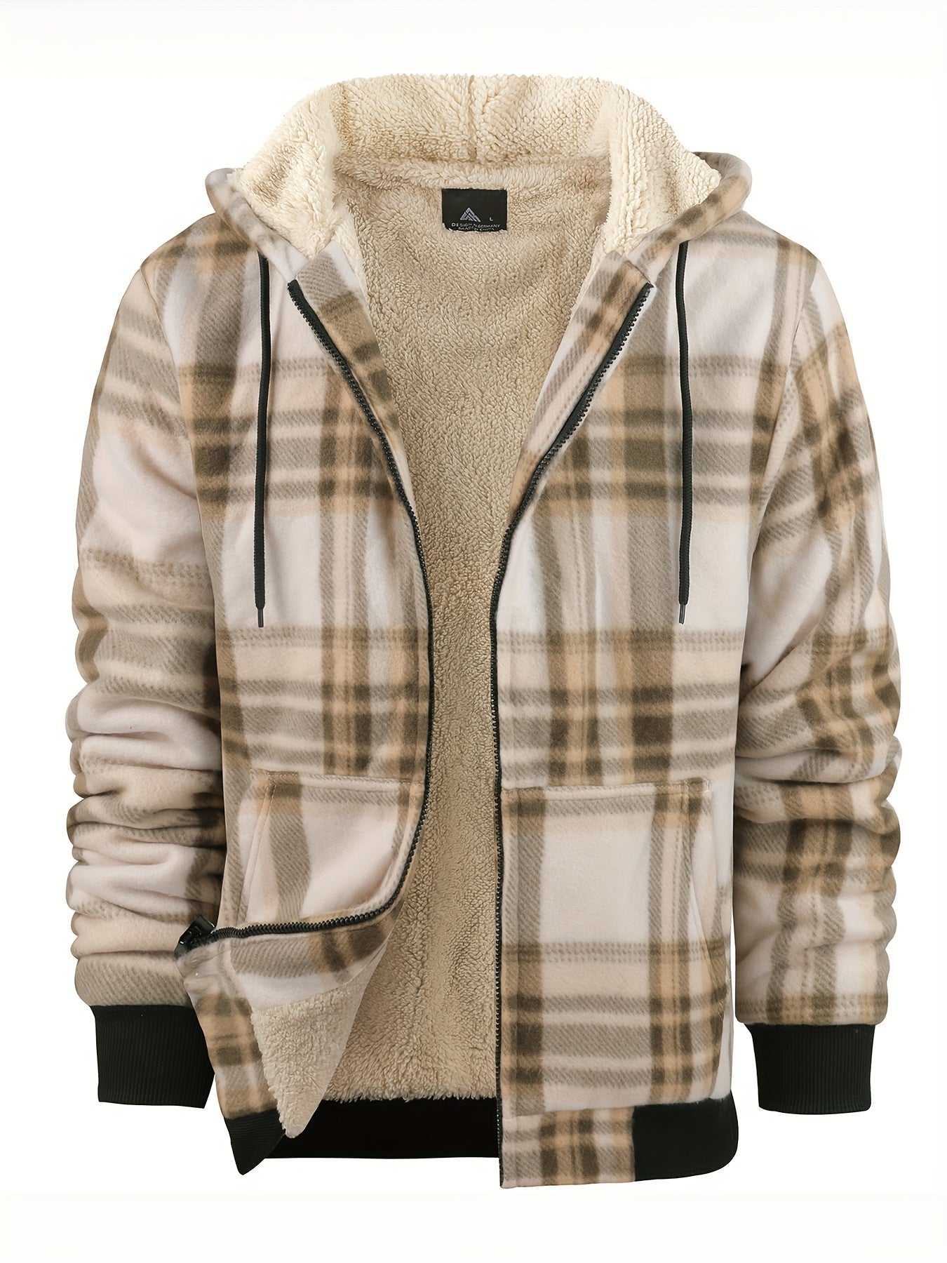 Men's Heavyweight Fleece Hooded Jacket - Full-Zip Sherpa Lining, Thick Winter Coat with Plaid Pattern (Blue/Black/Beige/Brown), Zippered Pockets, Hand Washable, Casual Outerwear for Cold Weather & Everyday Use - Ideal for Ski