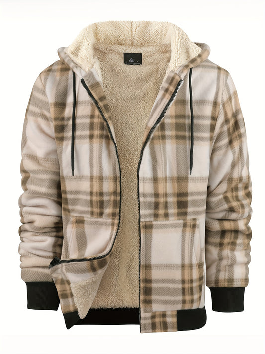 Men's Heavyweight Fleece Hooded Jacket - Full-Zip Sherpa Lining, Thick Winter Coat with Plaid Pattern (Blue/Black/Beige/Brown), Zippered Pockets, Hand Washable, Casual Outerwear for Cold Weather & Everyday Use - Ideal for Ski