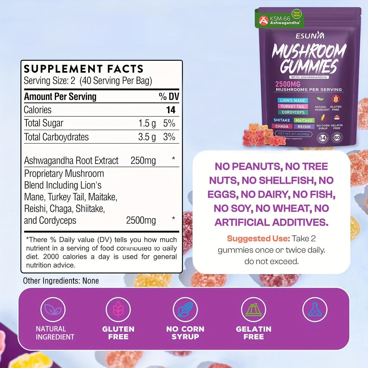 1/2/3/4 Bags of Lion's Mane Mushroom Gummies, Ashwagandha Gummies - Contains Ganoderma, Cordyceps, Turkey Tail, Dancer's Mushroom, Shiitake and Bupleurum, Low Carb, 80 Gummies per Bag, ESUNM