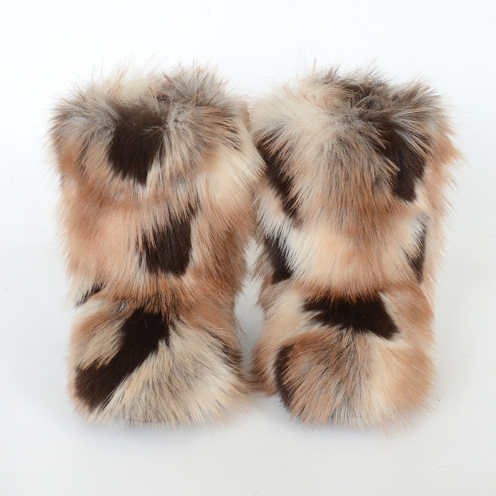 Women's Y2K Style Winter Snow Boots with Multi-Tone Faux Fur - Thick Platform Sole Warm Round Toe Slip-On Footwear, Rubber Outsole for Ice & Snow, Luxury Plush Boots for Cold Weather (Cozy Casual)