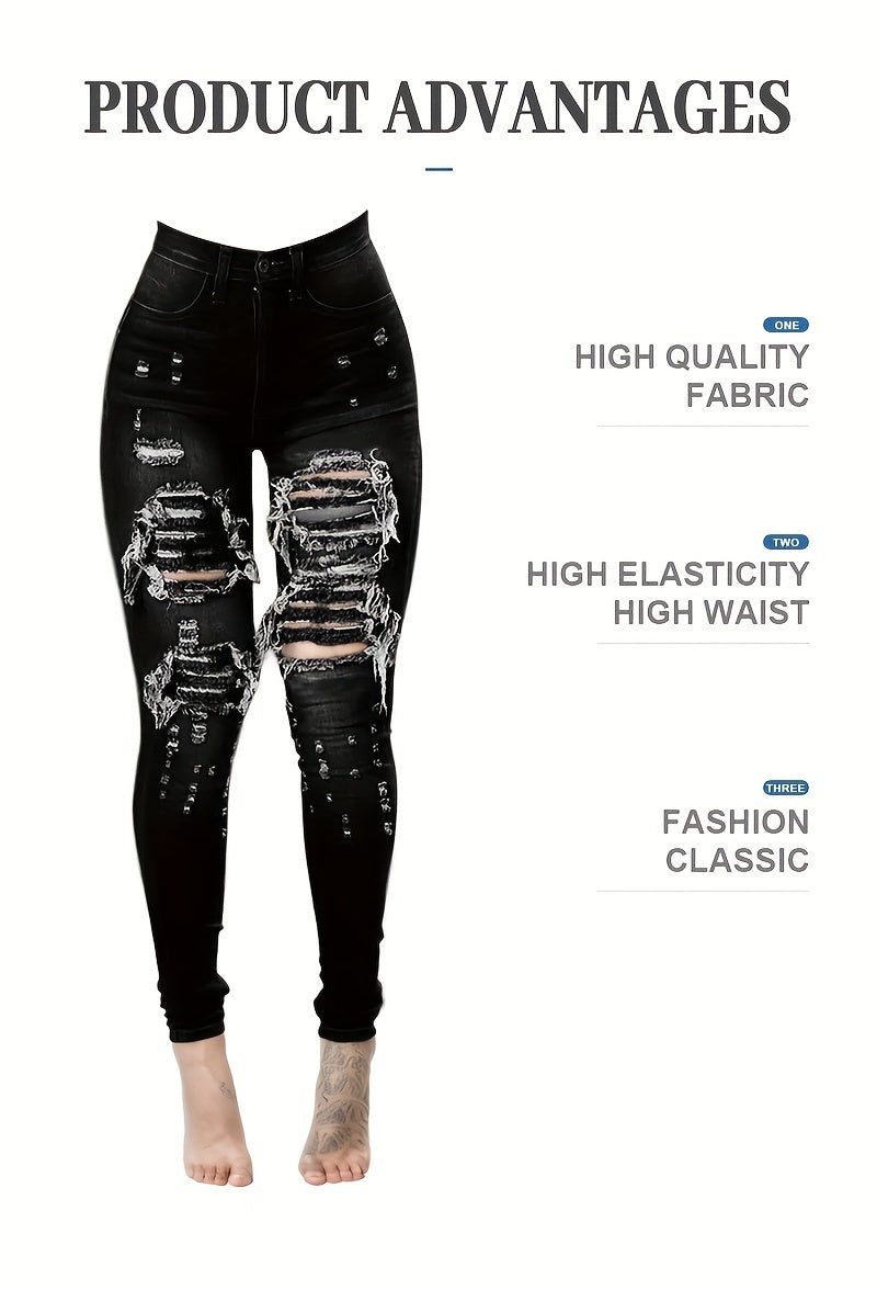 Ripped High Waisted High Stretch Tight Jeans, Comfortable Casual Jeans, Suitable For Daily Wear, Women's Jeans And Clothing