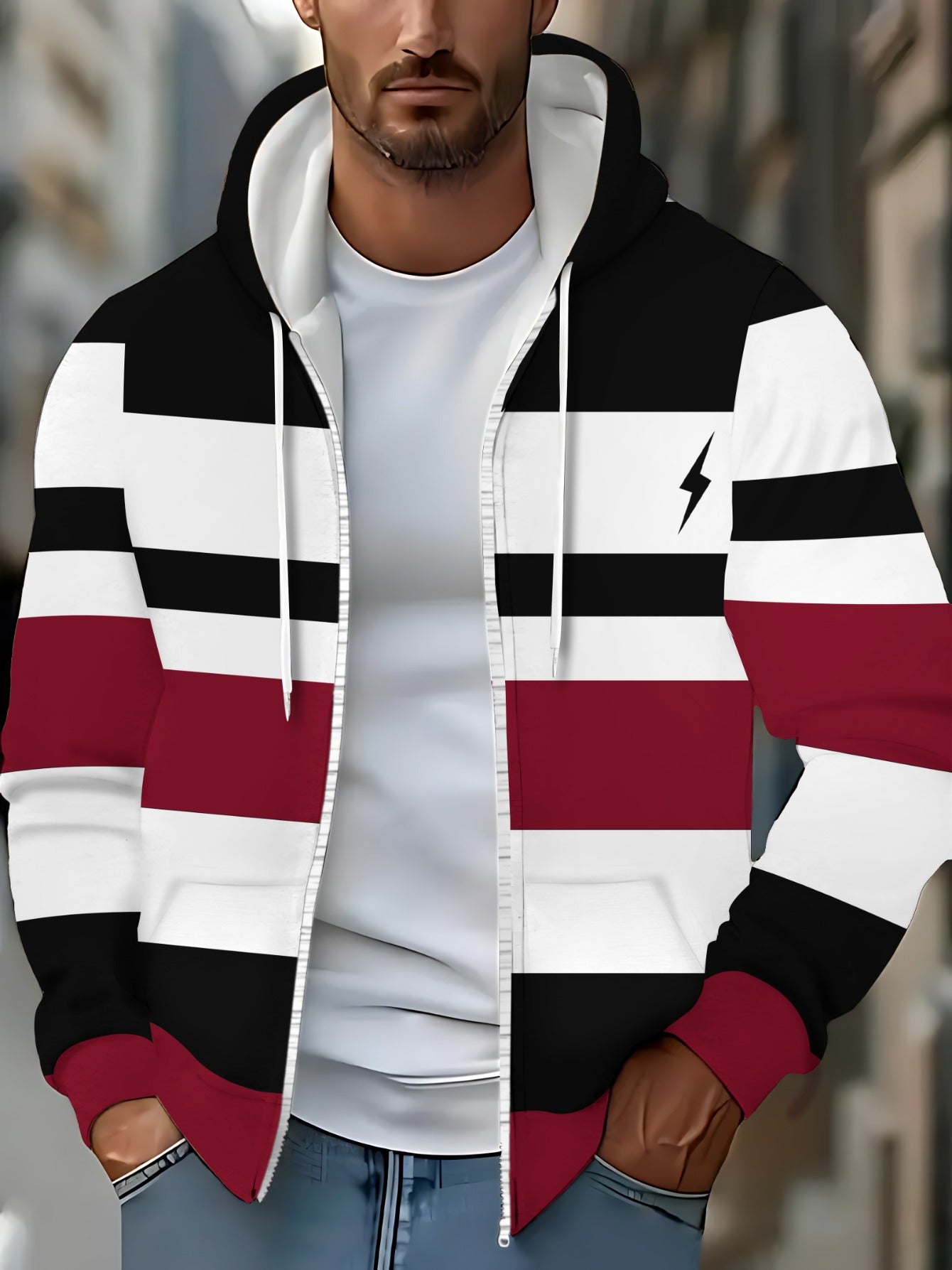 [Men's Lightweight Hoodie] Men's Lightweight Hoodie - Full-Zip Closure Hooded Sweatshirt, Black/White/Red Color Block Pullover for Fall/Winter, Casual Streetwear & Outdoor Activities, Everyday Comfort Fit Hooded Sweatshirt, S