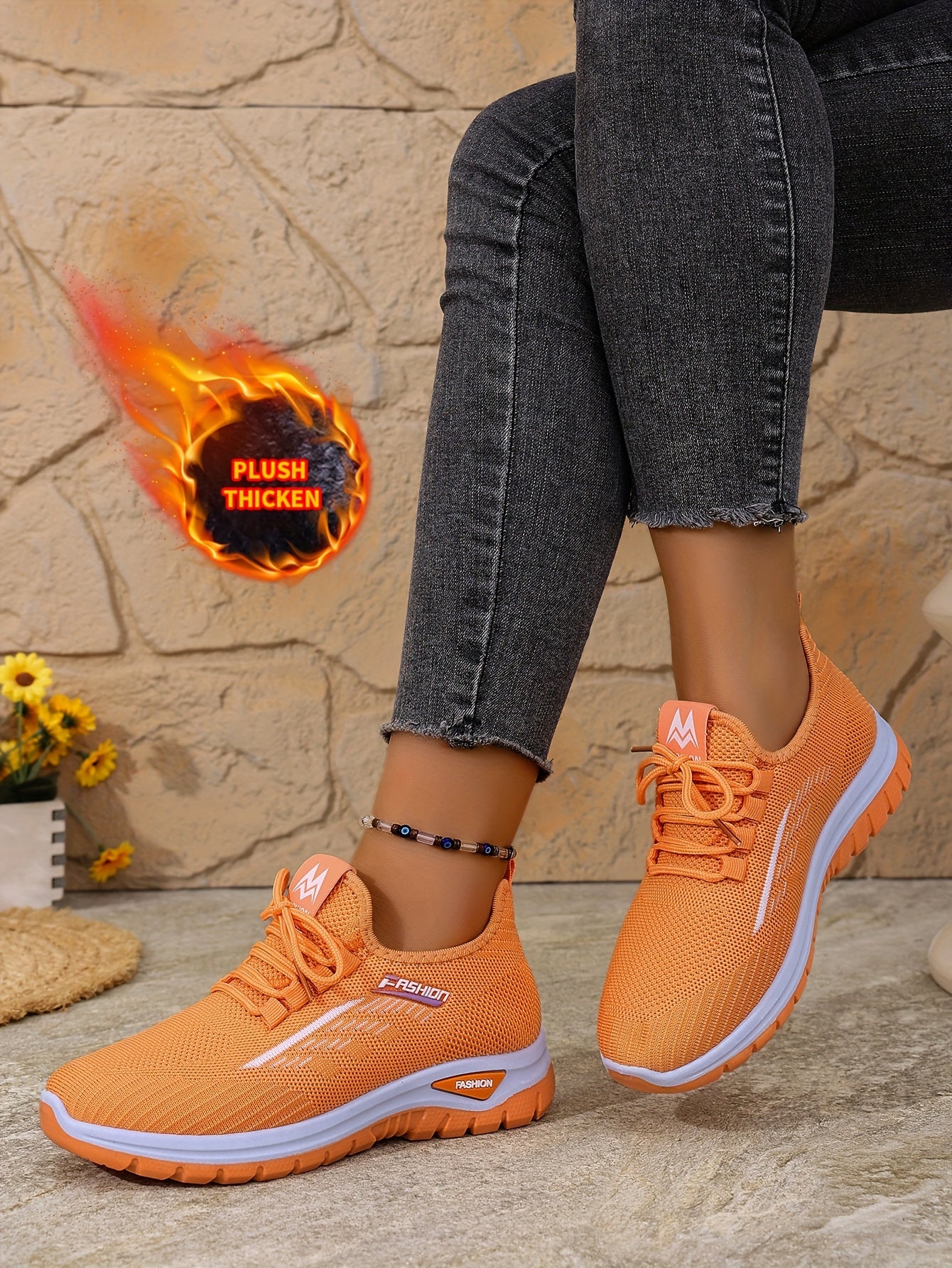 [Autumn And Winter ]Orange Fleece-Lined Warm Shoes, Thickened Cushioning Shoes Exclusive for Winter, Orange And Purple Spliced Lace-Up Trendy Warm Sports Shoes, White Casual Shoes, Shoes For Women/elegant Shoes For Women, Sea