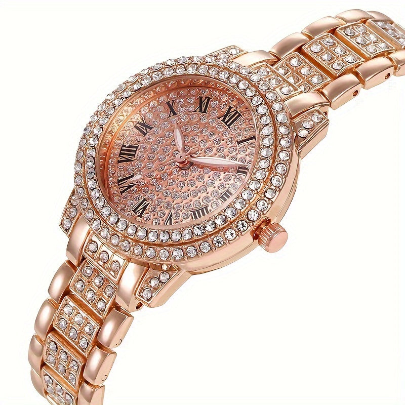 Rose Golden Round Rhinestone Quartz Watches Alloy Strap Zinc Alloy Pointer Zinc Alloy Dial Perfect Gifts For Women Men