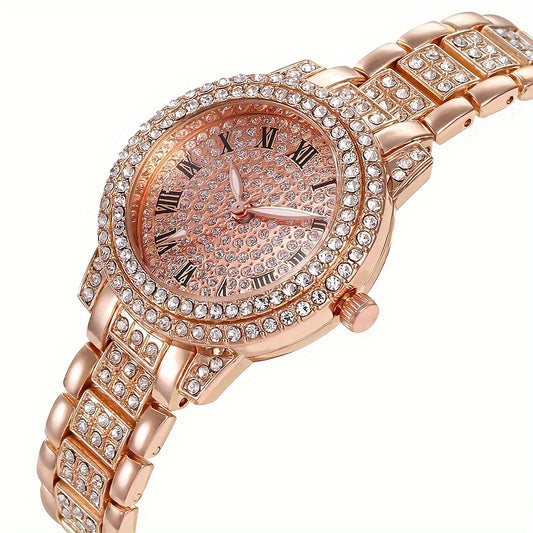 Rose Golden Round Rhinestone Quartz Watches Alloy Strap Zinc Alloy Pointer Zinc Alloy Dial Perfect Gifts For Women Men