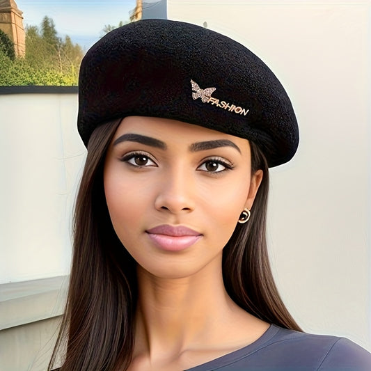1pc Women's Rich Red Wool Beret Hat with Rhinestone Butterfly & Letter Embellishments - 3D Structured Painter-Style Wedding & Special Occasion Accessory, Breathable Non-Stretch Fit, Stylish Letter Motif, Decorative Elements
