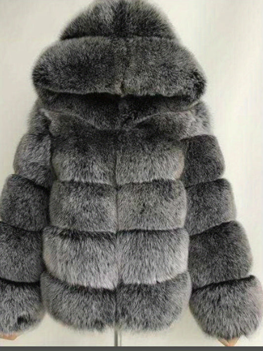 Plus Size, Women's Plus Size Oversized Hooded Faux Fox Fur Coat - Winter Warm Coat with Hood & Plush Fur Trim, Machine Washable Grey Jacket for Cold Weather, Casual Outerwear (No- Design) - Coat for Blonde Lady Picture