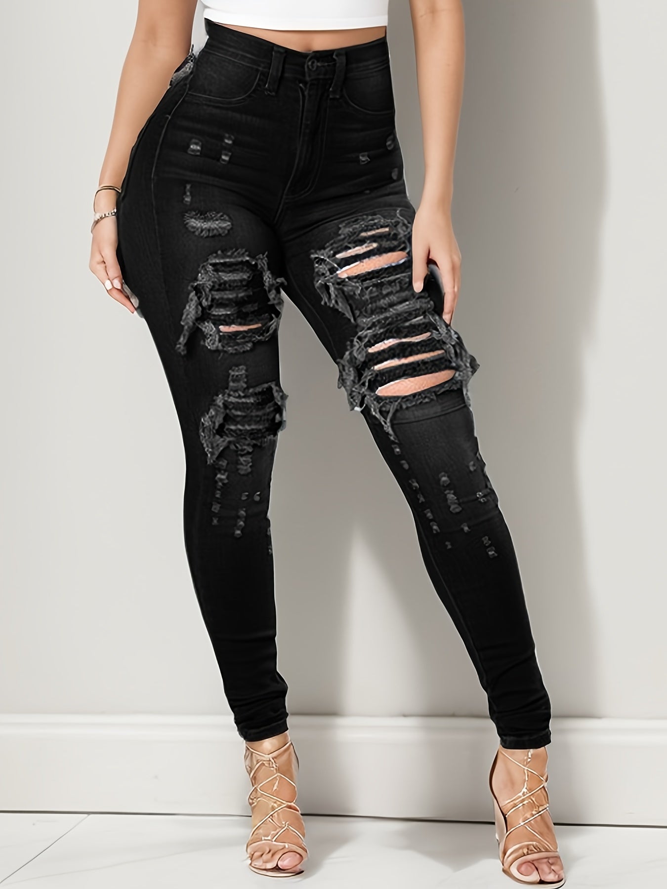 Ripped High Waisted High Stretch Tight Jeans, Comfortable Casual Jeans, Suitable For Daily Wear, Women's Jeans And Clothing