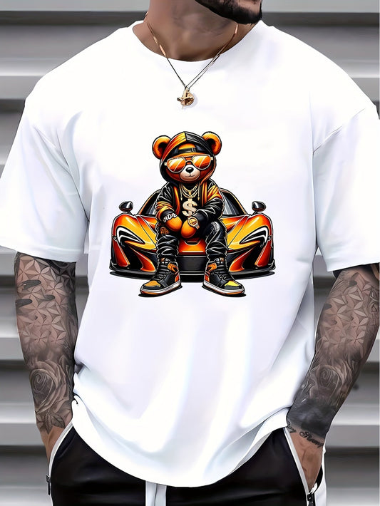 Men's clothing 100% pure cotton 220g-Men's Summer Casual T-Shirt with Cool Bear Print - Soft Polyester & Spandex Blend, Crew Neck, Short Sleeve, Machine Washable