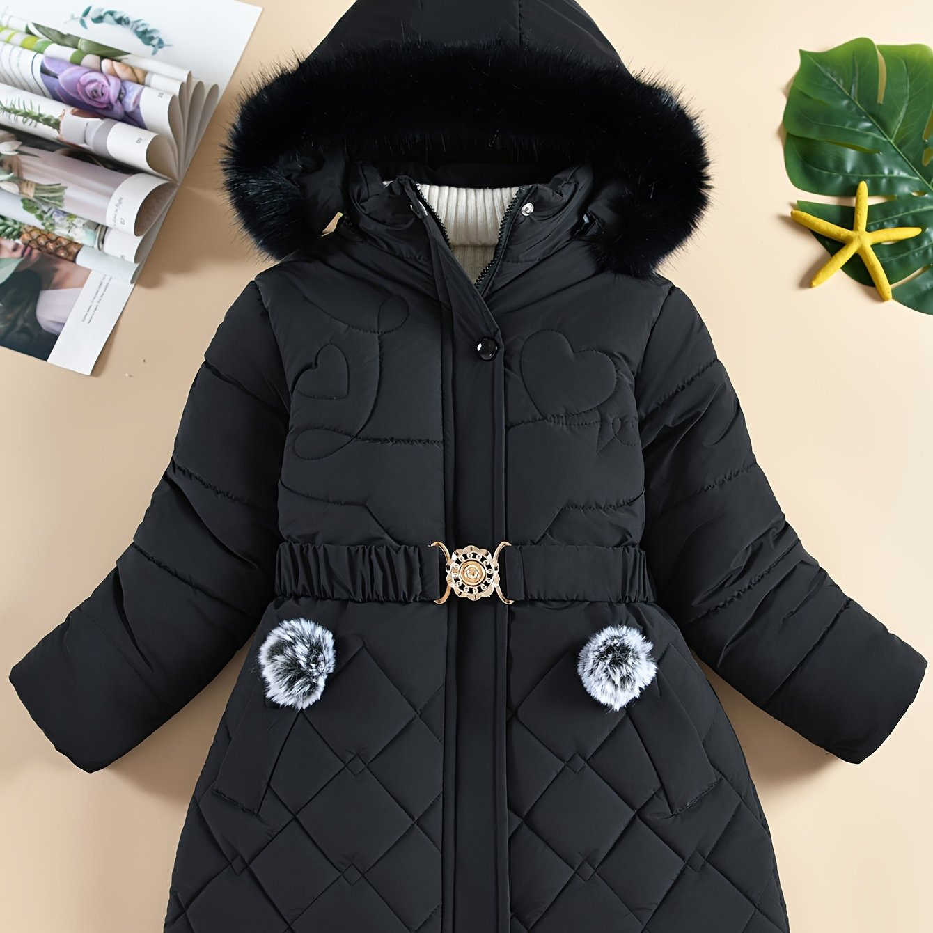 Stylish Girls' Winter Coat with Faux Fur Hood, Heart-Shaped Diamond Pattern, Warm Mid-Length Parka with Belt - Beige, Polyester, Fall/Winter Outerwear for Girls, Girls Winter Clothes