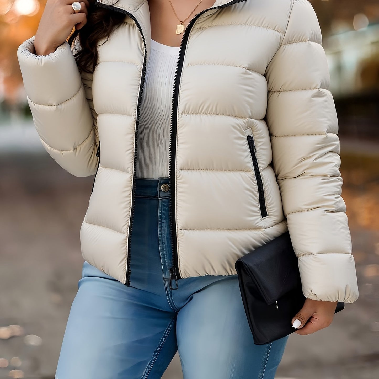 Women's Elegant Winter Warm Full-Zip Jacket with Full-Zip Front Closure, A-Line Silhouette & Stand Collar - Beige/White Coat with Full-Length Zipper, Machine Washable Outerwear for Casual & Formal Events - Cozy Winter Outer J