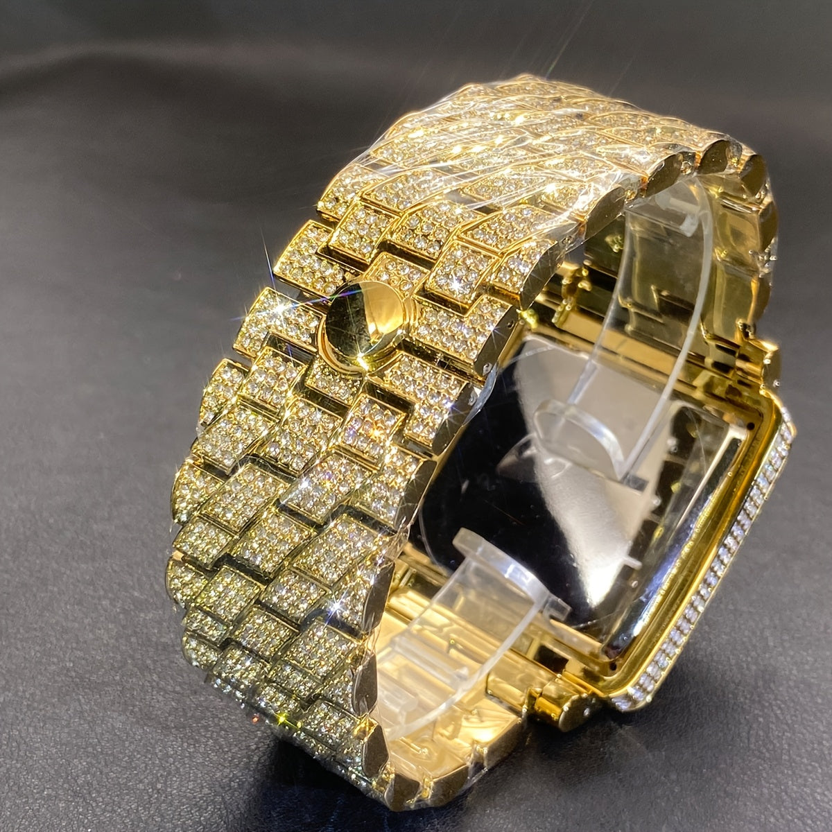 MISSFOX Men'S Luxury Hip-Hop Watch - Golden-Tone Quartz Movement with Date/Calendar, Square Dial & Roman Numeral Display, Sparkling Rhinestone Bezel, Battery-powered Formal/casual Wristwatch For Everyday & Special Events - Id