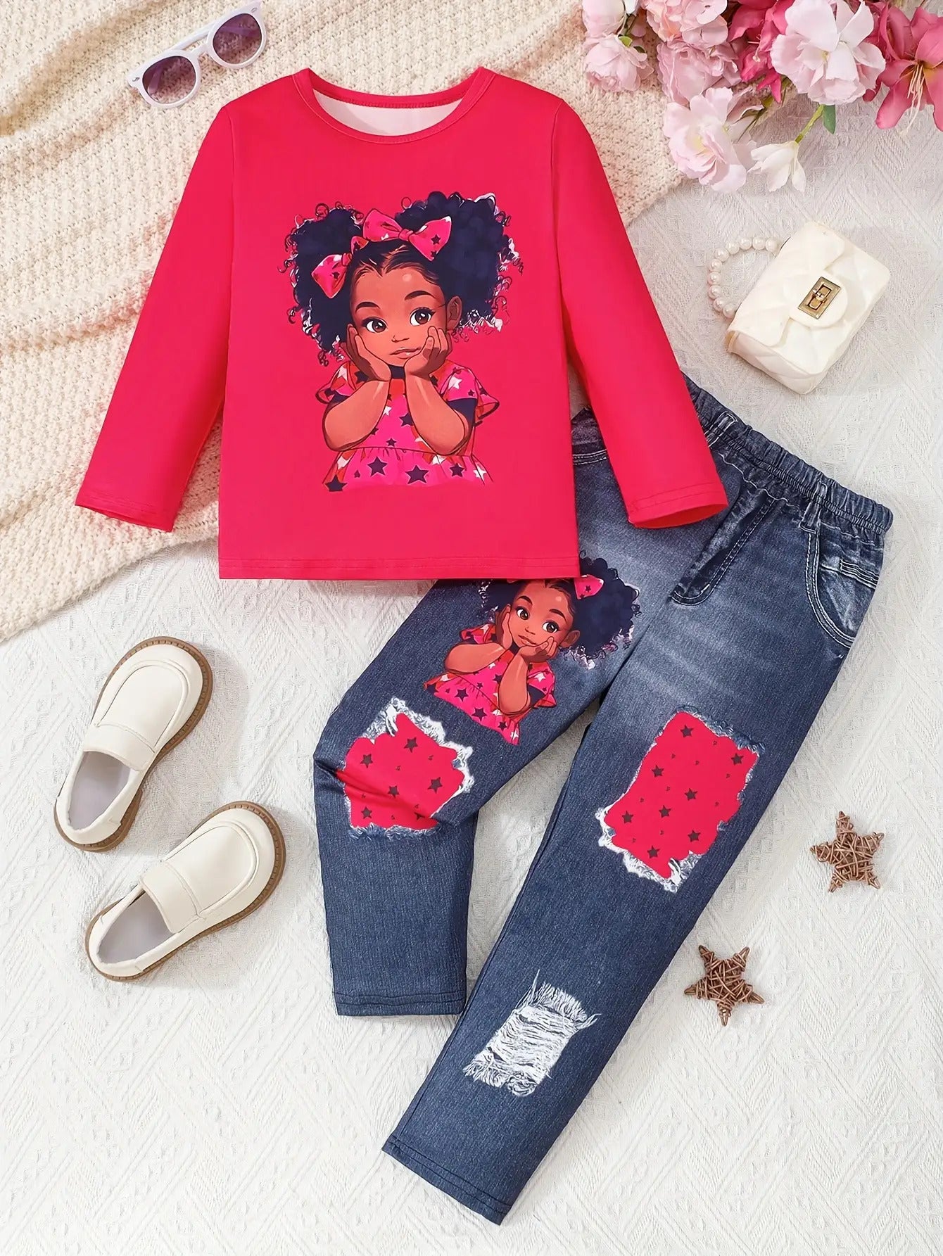 2pcs Girls' Cute Doll Print & Faux Denim Overalls Set - White Smock Dress + Blue Jeans-Like Leggings with Doll Face Print (Eyes/Nose/Mouth), Machine Washable Spring/Fall Outfit for Party, Everyday Play & Dress-Up , Perfect fo