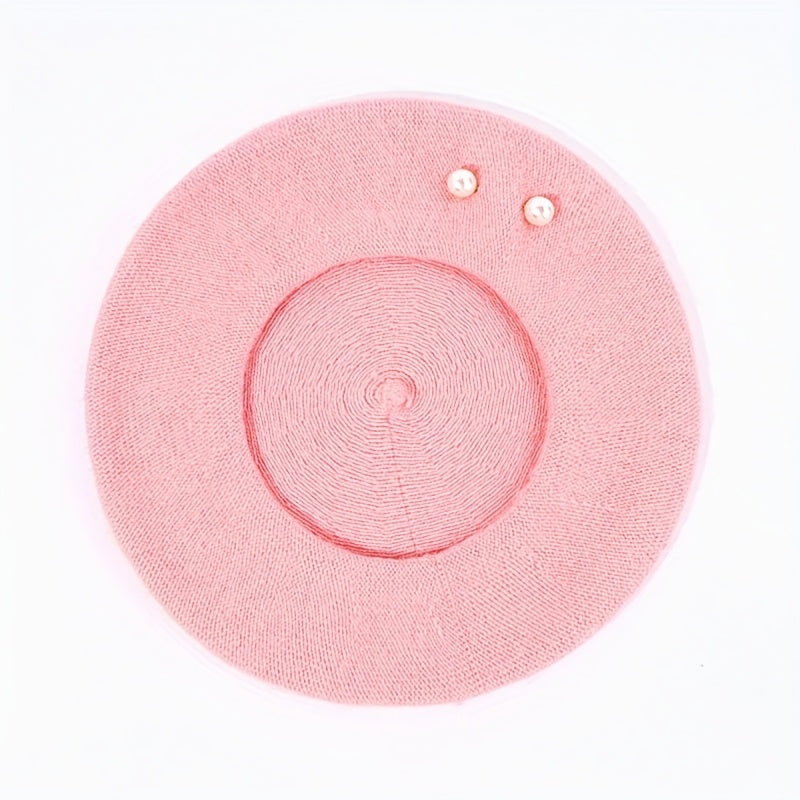 1pc Women's Polyester Beret with Artificial Pearl Accents - Elastic Fit, Lightweight Knitted Painter Hat for Valentine's Day, Versatile Daily Wear Accessory, Commuting Accessory | Artificial Pearl Detail | Polyester Fiber Hat
