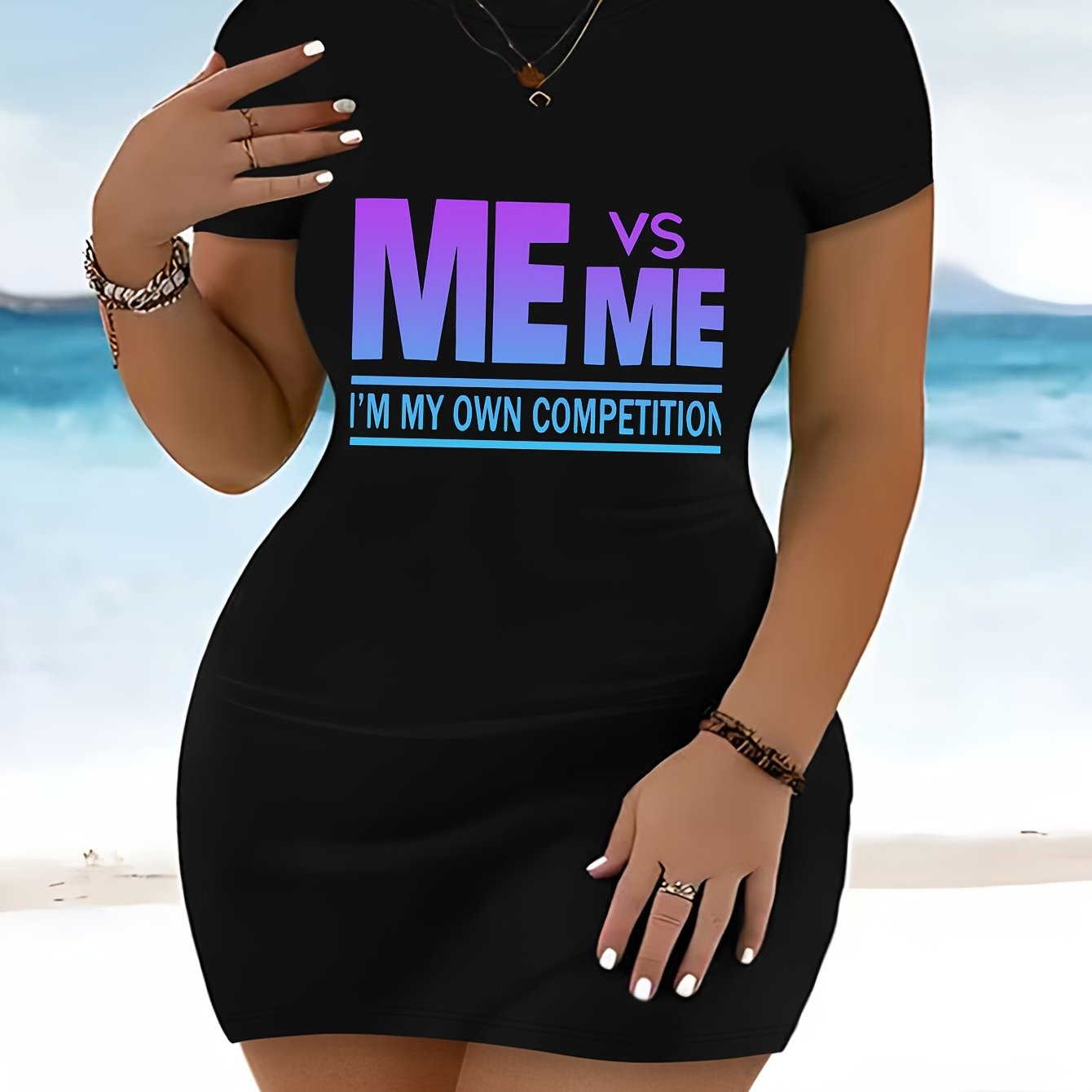 Plus-Size Women'S Fashion Letter Print Casual Sporty Fitted T-Shirt Dress Bodycon Dress