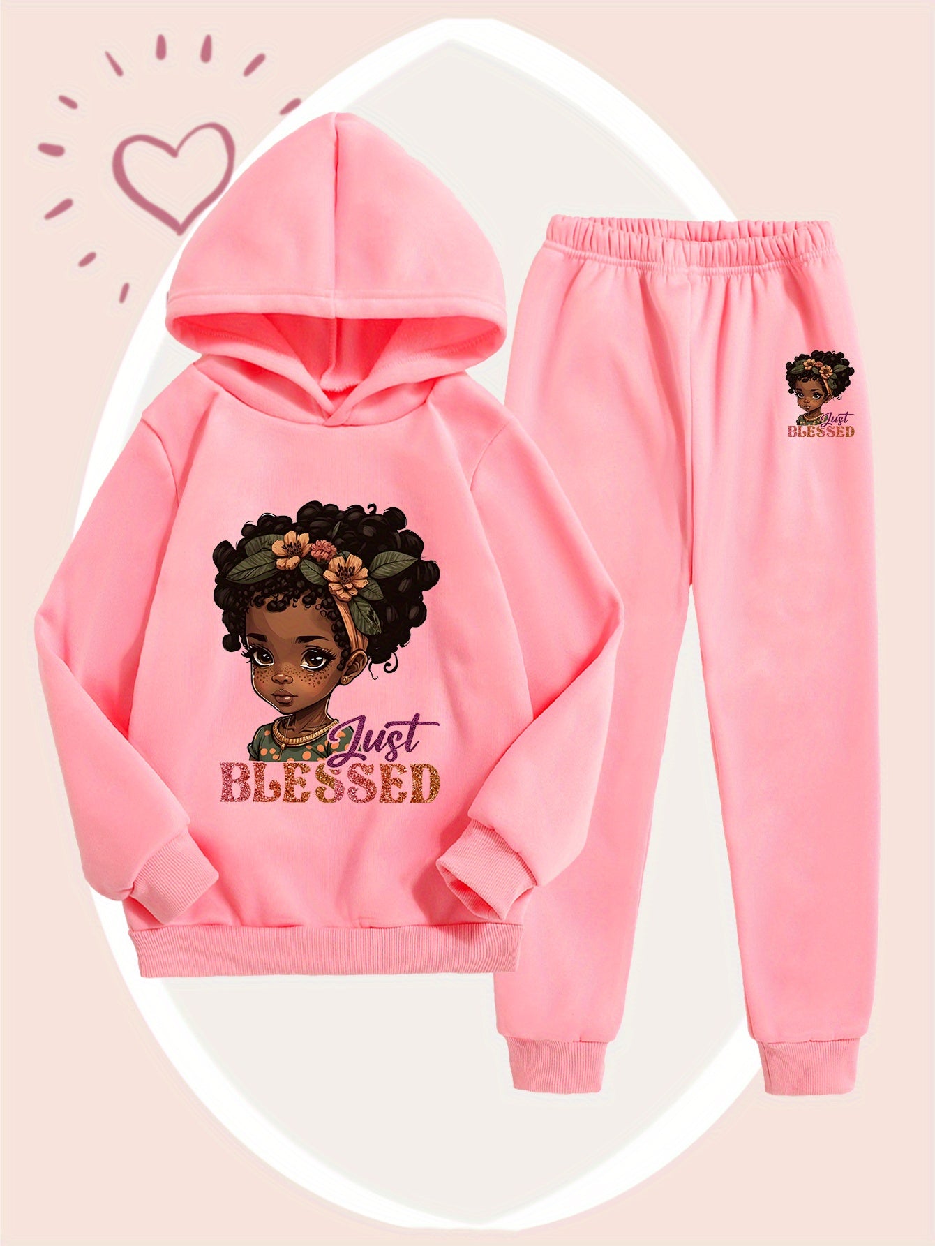 Girls' Fashion Hooded Sweatshirt and Pants Set, Creative Design with Cute Cartoon Prints, Comfortable Soft Polyester for Autumn/Winter Warmth, Perfect for Outdoor