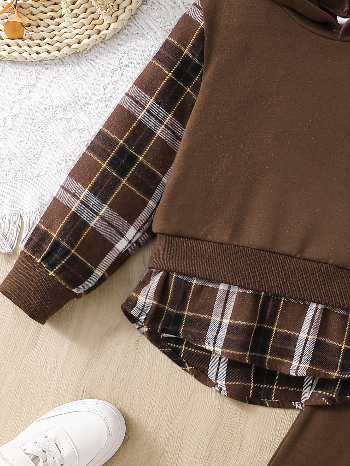 2pcs Girls' Plaid Hooded Sweatshirt & Straight-Leg Pants Set - Brown & Checkered Long Sleeve Outfit, Elastic Waistband, Casual Spring/Fall Playwear with Pockets, Cute Sweatshirts, for Outdoor