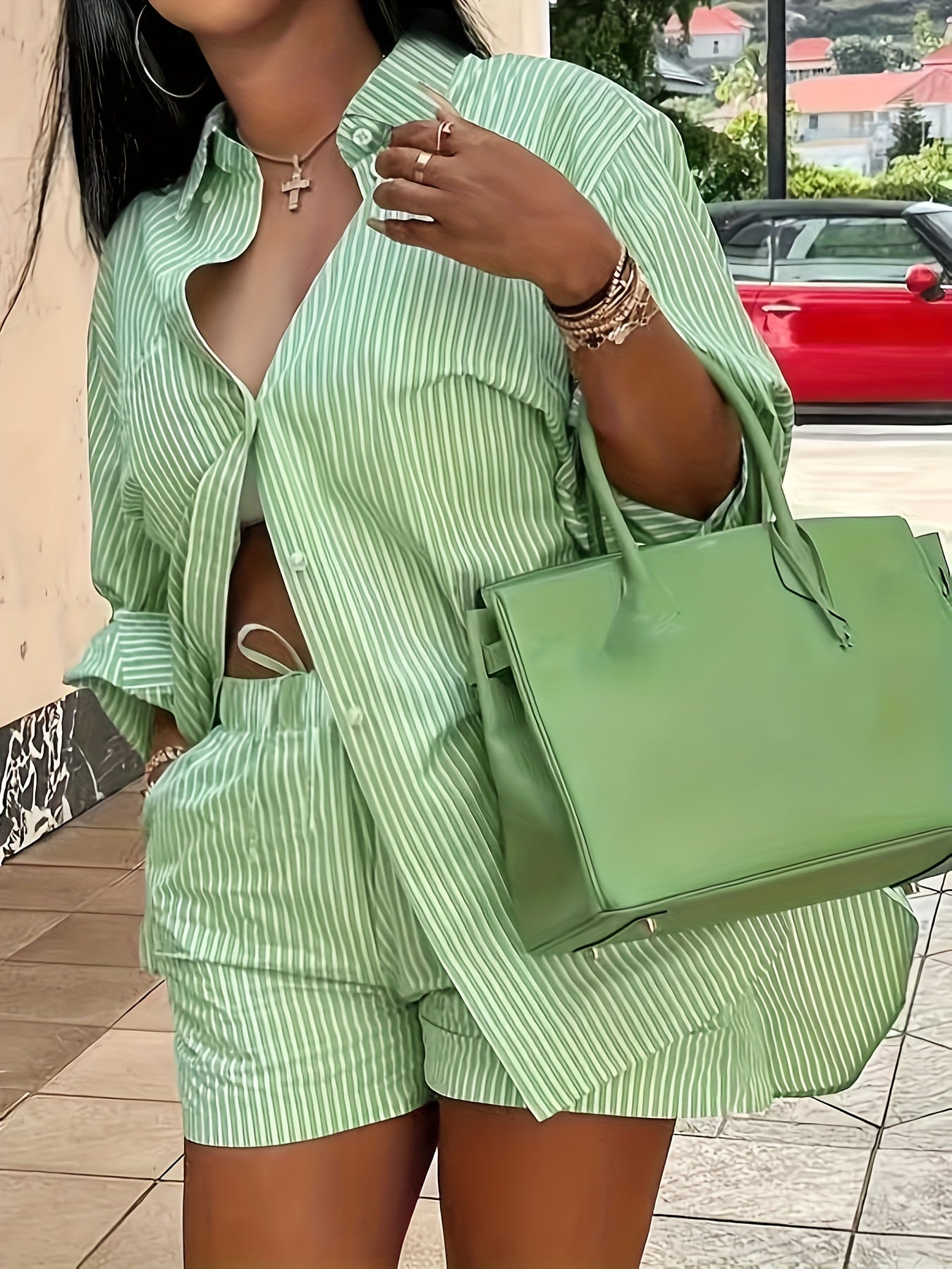 Plus Size Women's Chic Striped Print Two-Piece Set-Long Sleeve Button Shirt and Elastic Waist Shorts with Pockets, Perfect for Spring and Summer Fashion Casual Outings