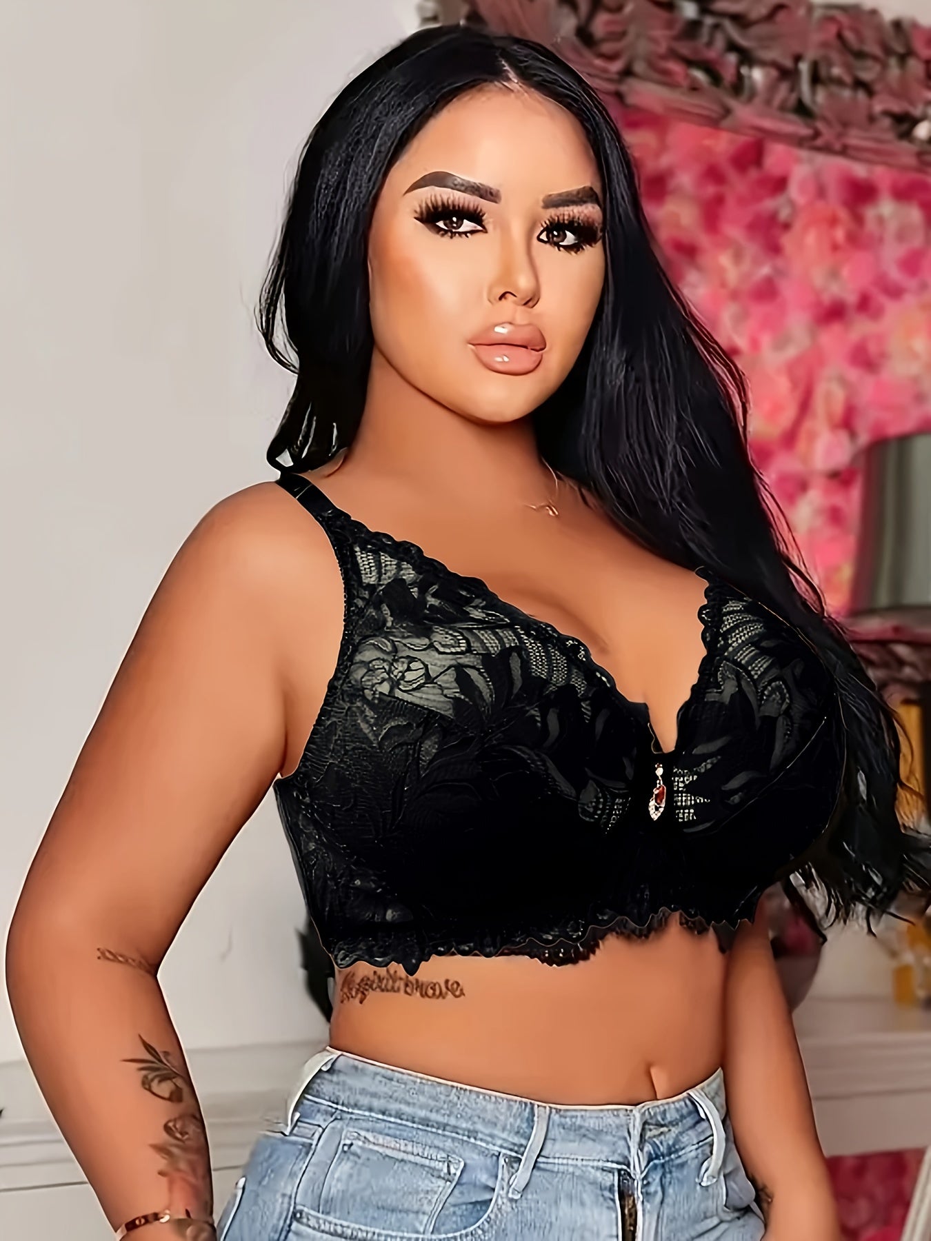 Women's Sexy Black Lace Bra with Contrast Lace Detail & Red Accent - Underwire Support, Medium Stretch Fabric, No Padding, Solid Color Top for Casual & Formal Wear