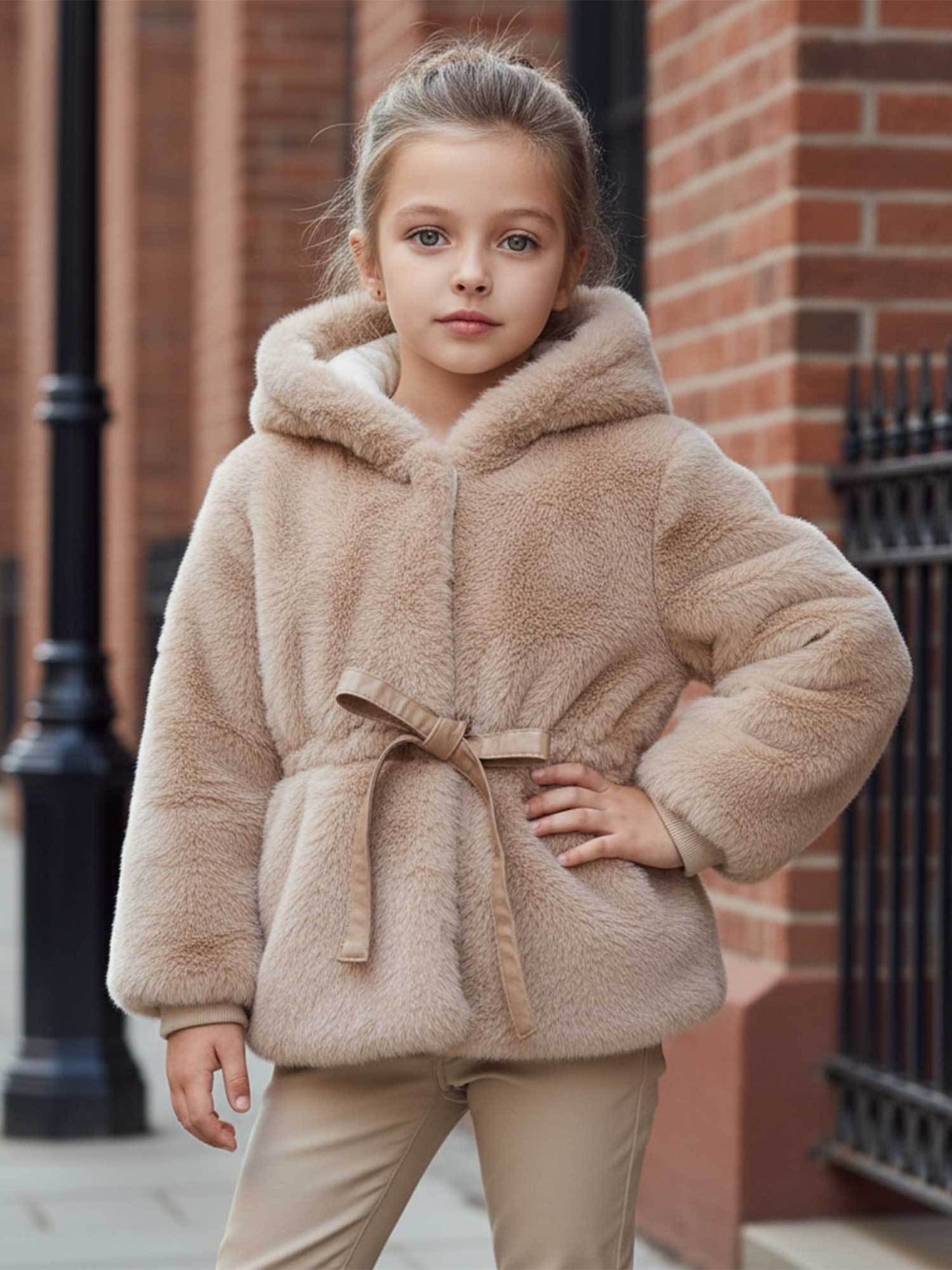 Girls' Winter Korean-Style Hooded Jacket with Faux Fur Plush & Waist Tie Belt - Thickened Coat, Beige/White Fur Outer, Loose Fit Warm Coat for, Playdates & Outdoor (Machine Washable) - Outerwear