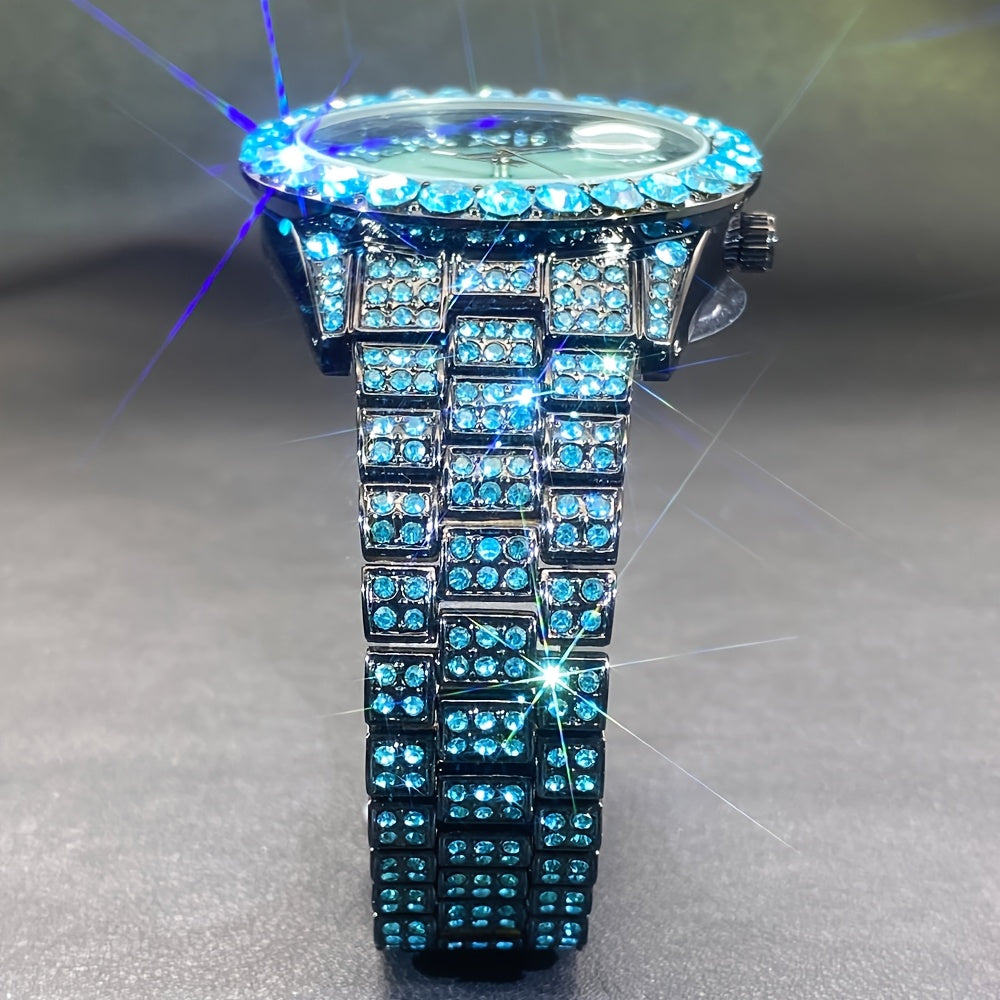 Luxury Ice Blue Rhinestone Quartz Watch for Men & Women - Sparkling Rhinestone-Encrusted Dial, Alloy Case & Band, Date Calendar Display, Battery-Powered Round Party Watch for Mardi Gras, Ramadan, Spring Festival Gifts, Bling