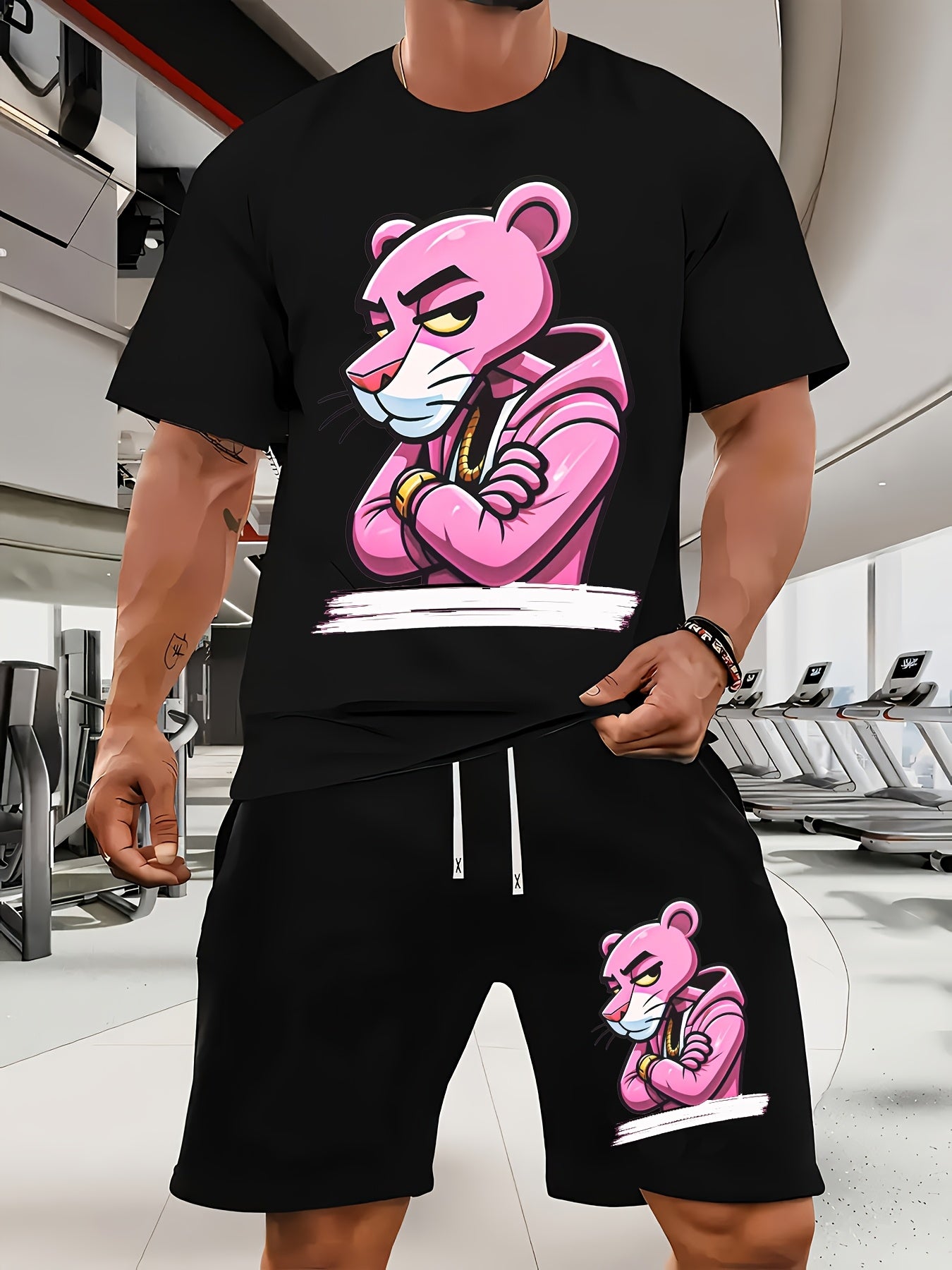 Men'S Short-Sleeved T-Shirt And Waist-Tightening Shorts Set with Trendy Pink Leopard Image Print, Casual Sports Regular Top And Pants Suit, Suitable for Spring And Summer Matching