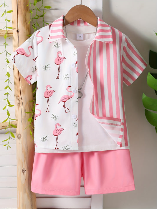 1 set (2pcs) - Youngsters'S Flamingo Print Short Sleeve Shirt and Shorts Set - Cute Fashionable Summer Outfit Suitable for Casual Attire and Beach Vacation (Excluding White T-Shirt), Perfect for Outdoor