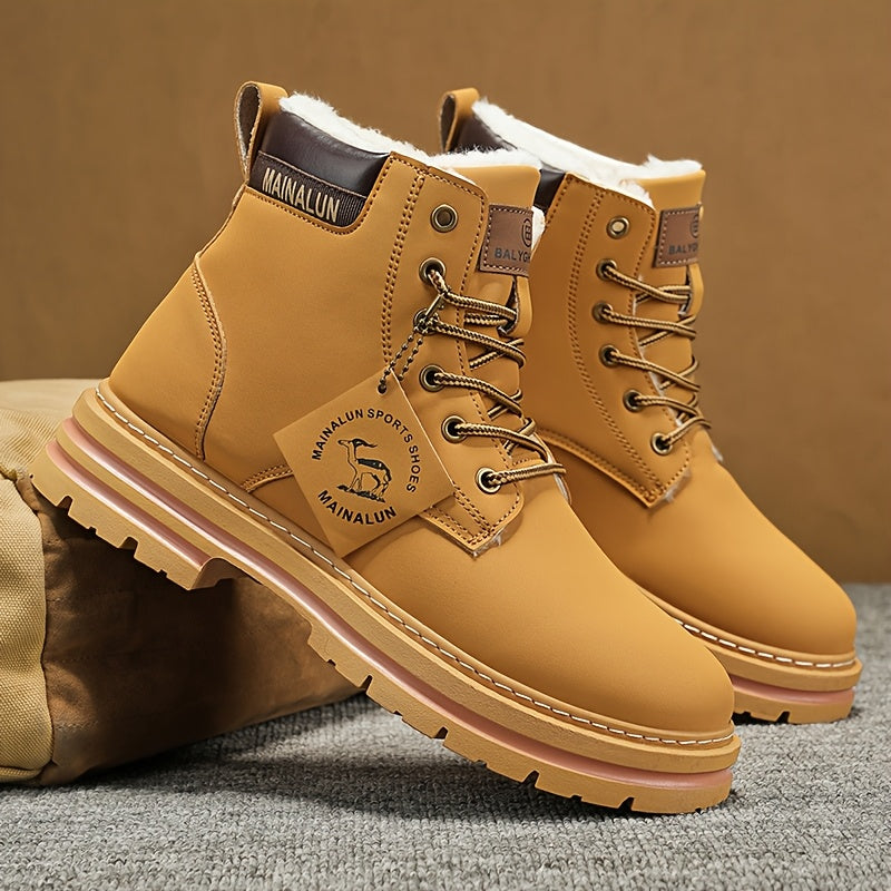 Men'S Winter High-Top Thermal Boots with Thick PVC Sole & Lace-Up Closure - Heavy-Duty All-Terrain Traction, Warm & Arch Support, Round Toe Design For Snow, Ice, Mud - Casual Outdoor Hiking Boots (brown) - Ideal For Cold Weat