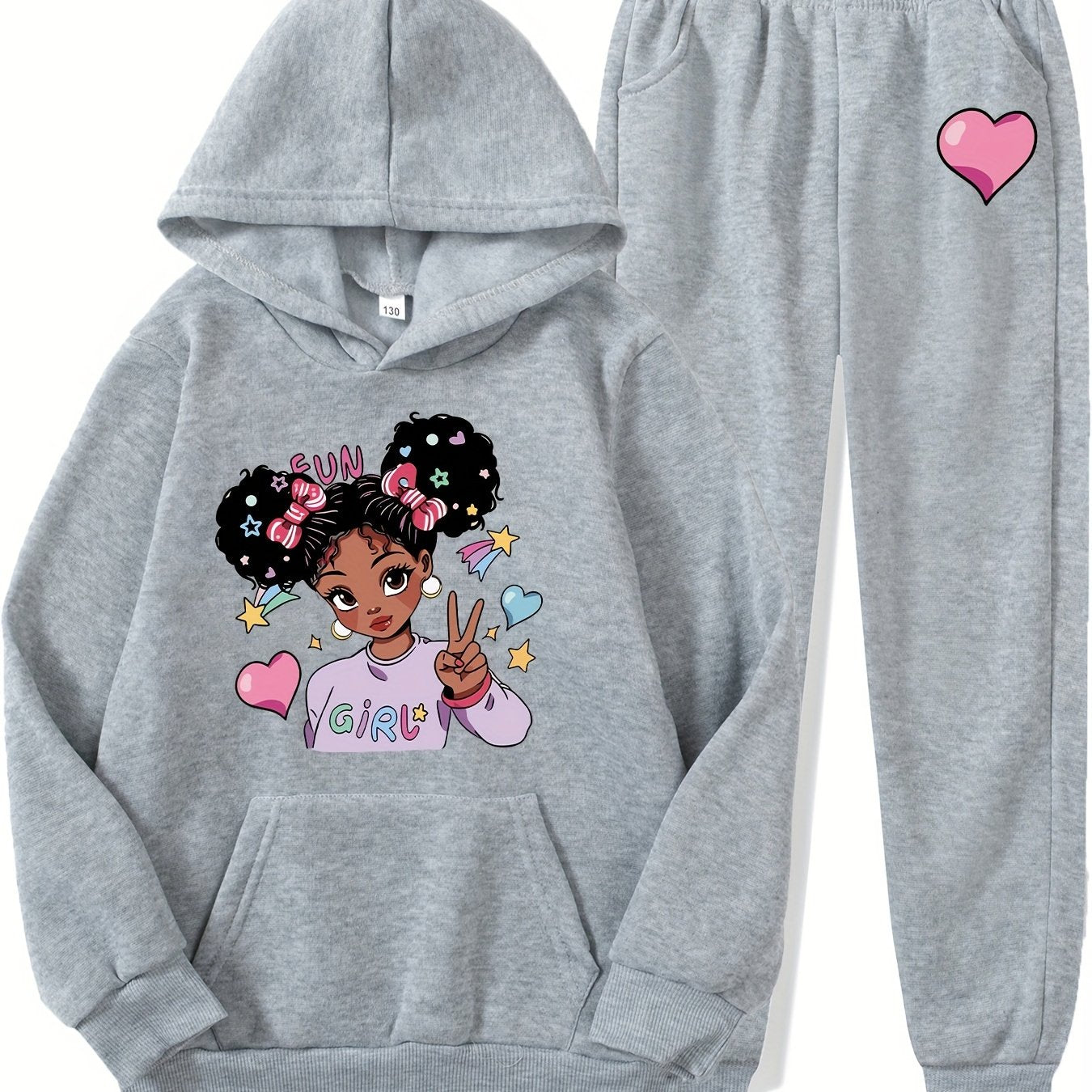 Fashion Cartoon Girl Pattern Print Autumn and Winter Girls' Long Pants Set Casual Hooded Sweatshirt + Joggers 2pcs, Perfect for Outdoor, Casual Attire, Cozy Outfit, Casual Wear, Trendy Design, Durable Material, Long Sleeve To