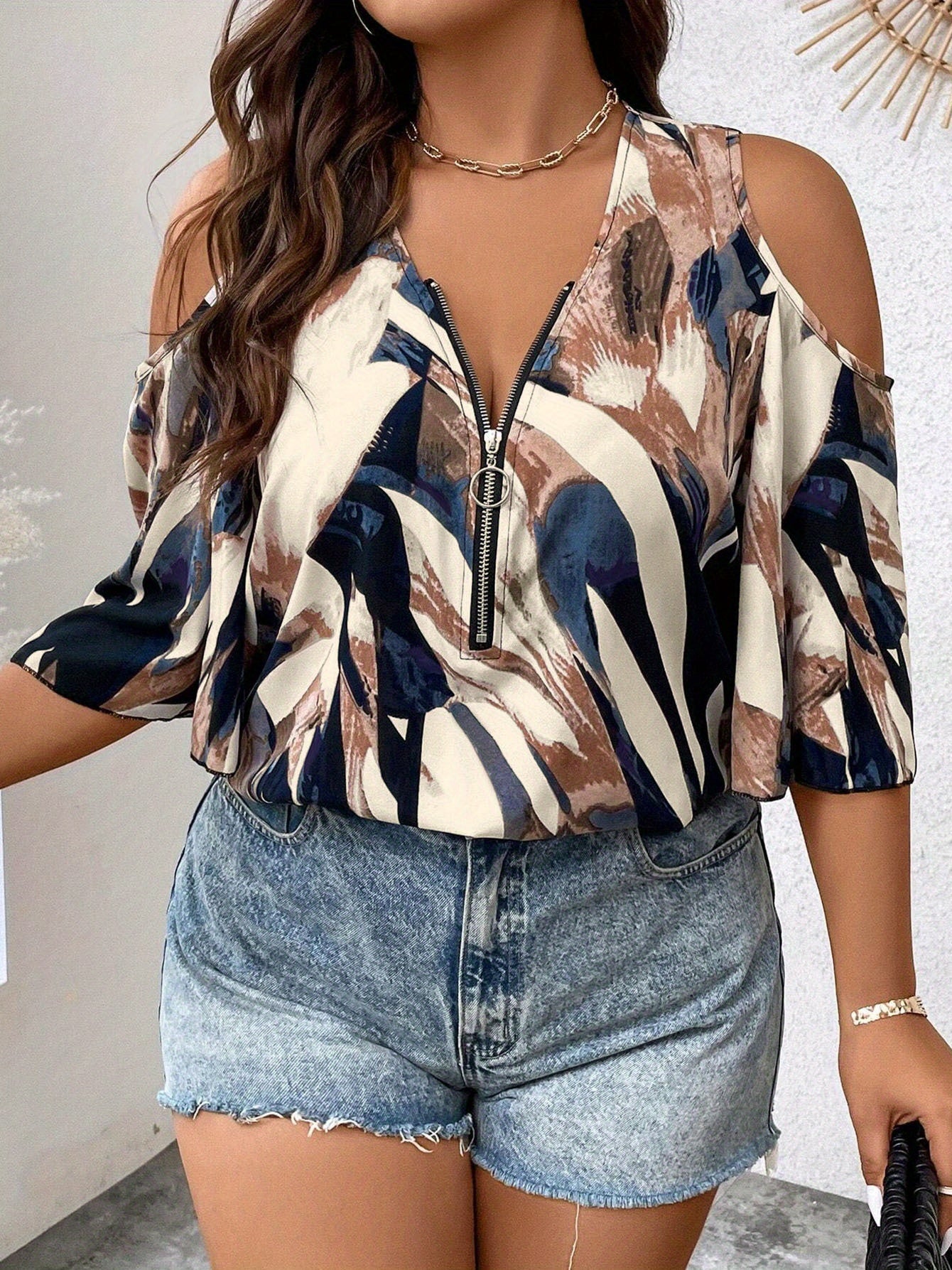 [Plus Size V-Neck Shirt] Plus Size Women's Summer V-Neck Shirt | Off Shoulder, Seven Quarter Sleeve, Front Zipper | Casual Vacation Top
