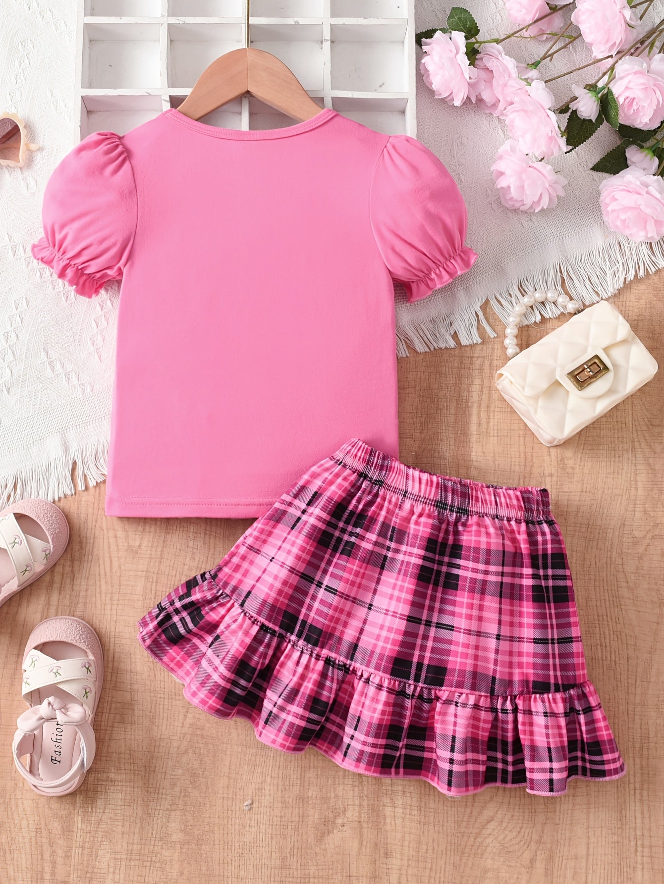 [2pcs Girls' T-Shirt Set] 2pcs Beautiful Smart Girls' Patterned Short Sleeve T-Shirt + Plaid Half Skirt Set