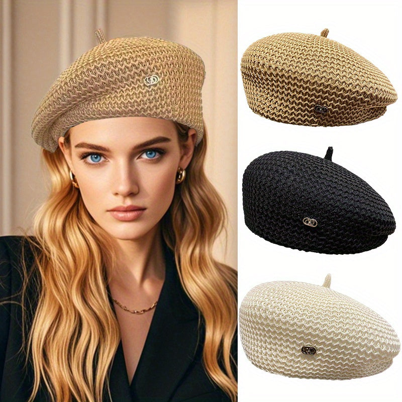 2pcs Women's Breathable Beret Hats - Spring & Summer Knitted Painter Caps, Casual Chic, Lightweight Fabric, Fashion Accessory in Black, Beige, and Brown