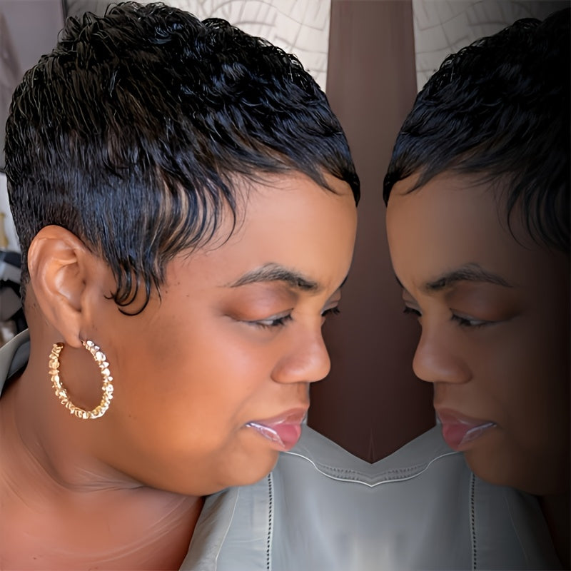 Brazilian Human Hair Wig Pixie Cut Short with Bangs - 180% Density Rose Net Cap Machine-Woven Wig for Women, Natural Straight Hair, Elegant Style, Fit All Ethnicities, Short Hair Wig, Versatile Hairpiece, Chic Hairpiece