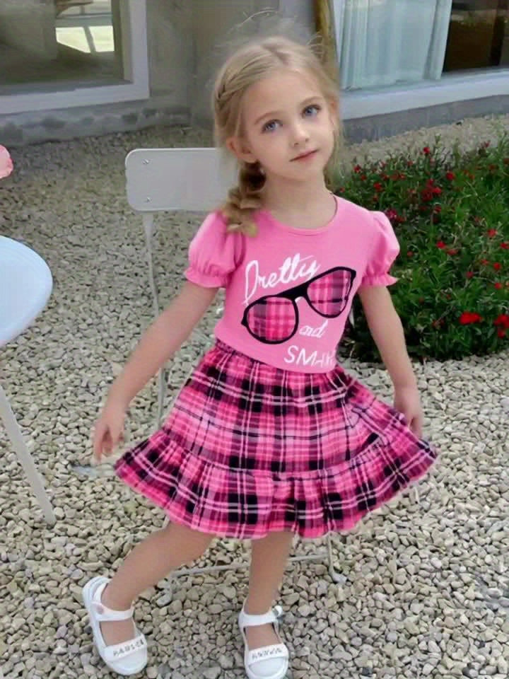 [2pcs Girls' T-Shirt Set] 2pcs Beautiful Smart Girls' Patterned Short Sleeve T-Shirt + Plaid Half Skirt Set