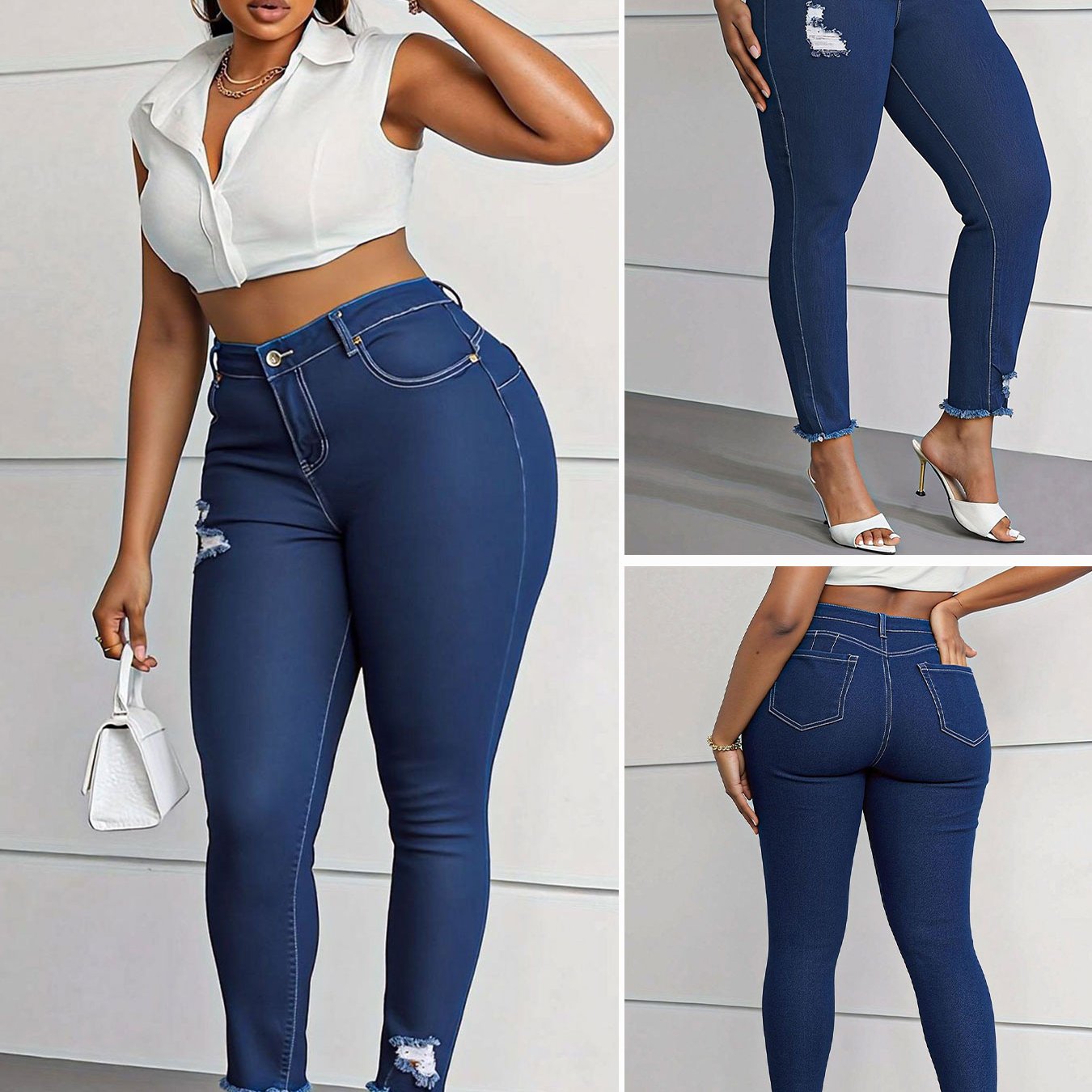 [Torn Skinny Jeans] Large Size Women's Skinny Jeans | Torn with Pockets Casual