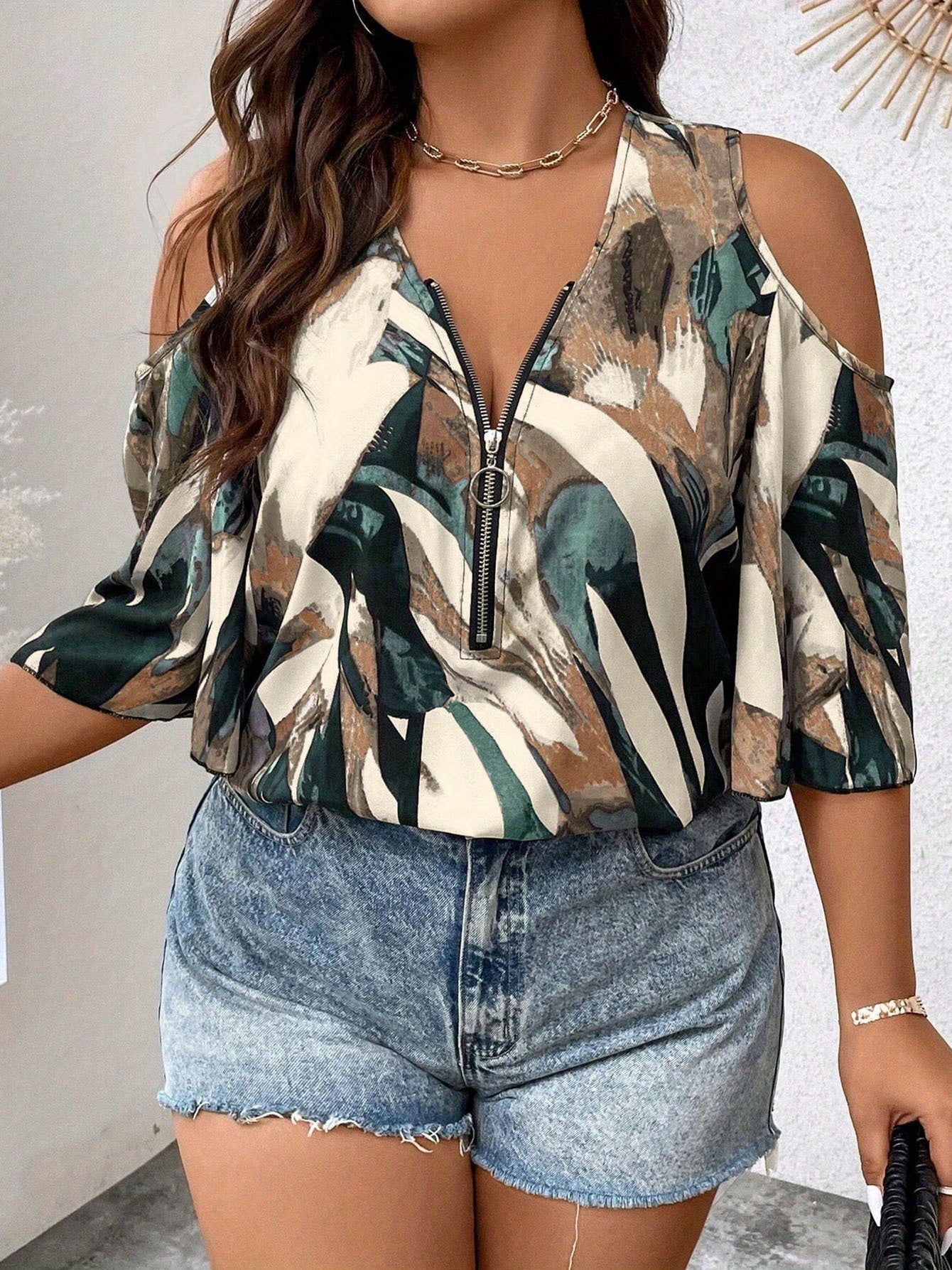 [Plus Size V-Neck Shirt] Plus Size Women's Summer V-Neck Shirt | Off Shoulder, Seven Quarter Sleeve, Front Zipper | Casual Vacation Top