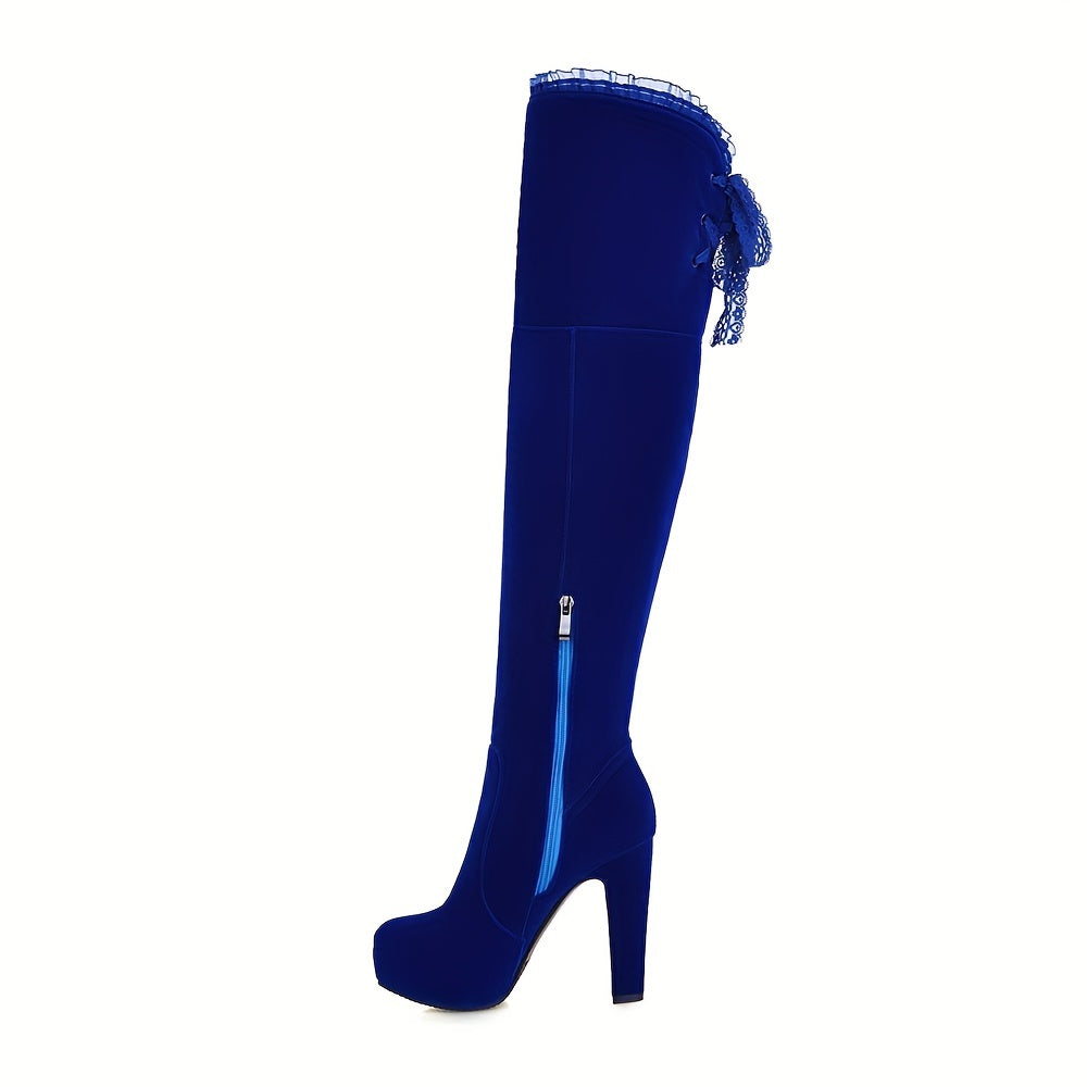 [Royal Blue Boots] Chunky Heel Women's Royal Blue Over-the-Knee Boots - Stretch Fabric, Round Toe, Rubber Sole, Side Zipper & Lace-Up Design - Fits 23-26.5cm Calf Length
