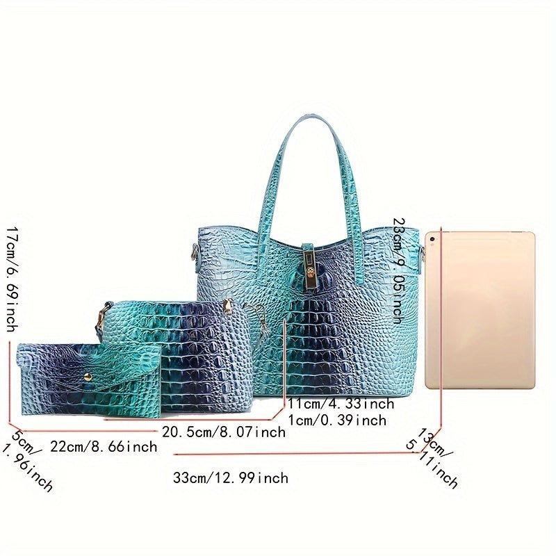 3pcs Set: Colorful Crocodile Pattern Large Capacity Faux Leather Tote & Crossbody Bags With Matching Wallet Combo, Christmas, Mother'S Day Gifts, Halloween Gifts