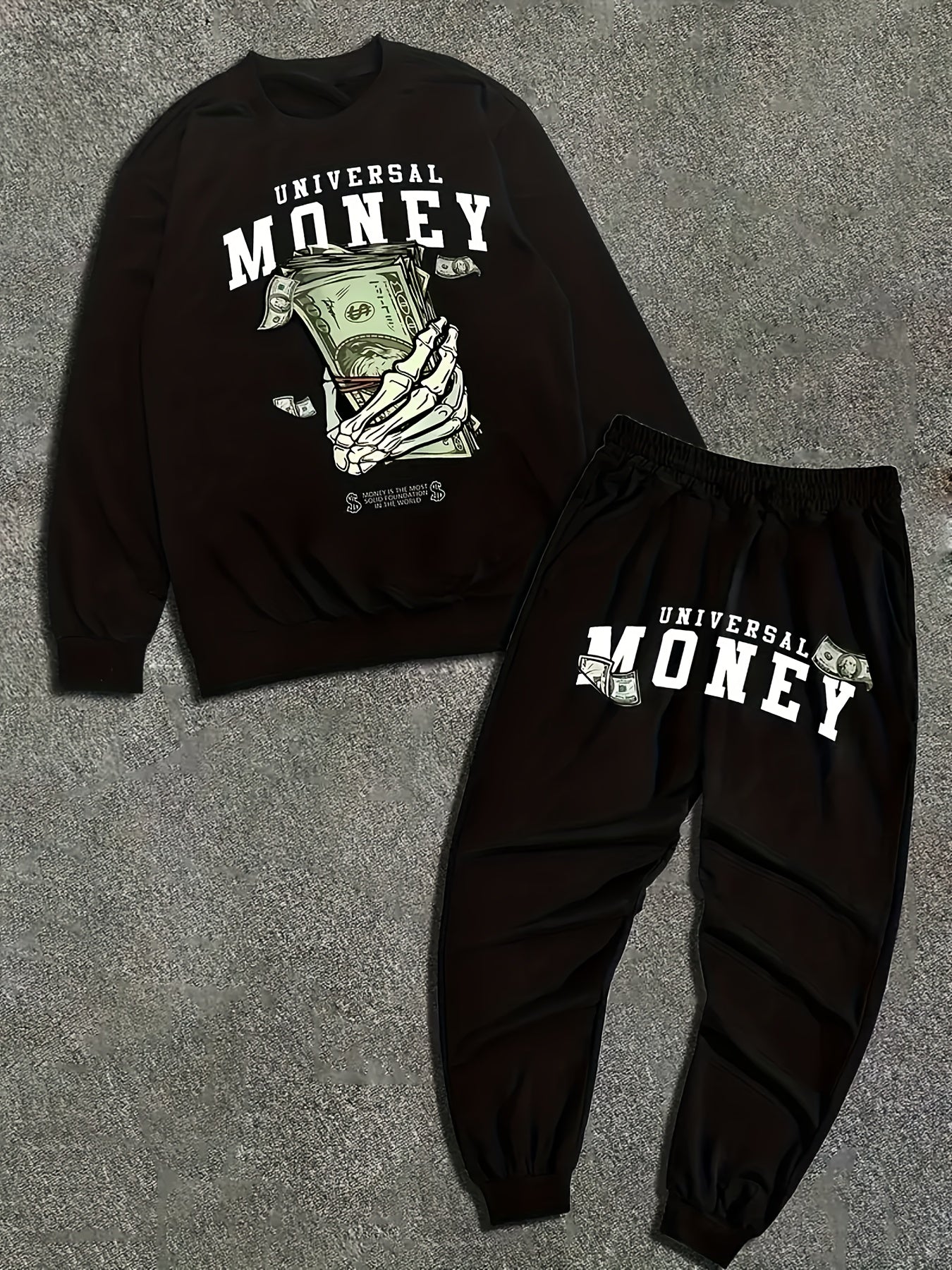 2pcs Set Men'S Hip-Hop Money Motif Tracksuit Set - Oversized Black Sweatshirt with "Universal Money" Skull & Cash Graphic + Matching Joggers, Lightweight Polyester Streetwear Outfit for Gym, Halloween, Christmas & Casual Wear